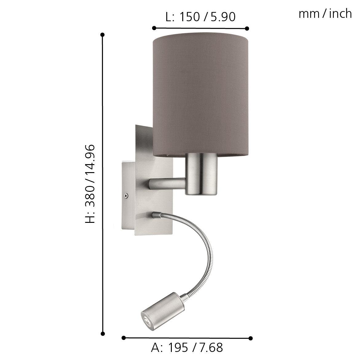 eglo pasteri nickel brown shade wall light with reading light living room close up