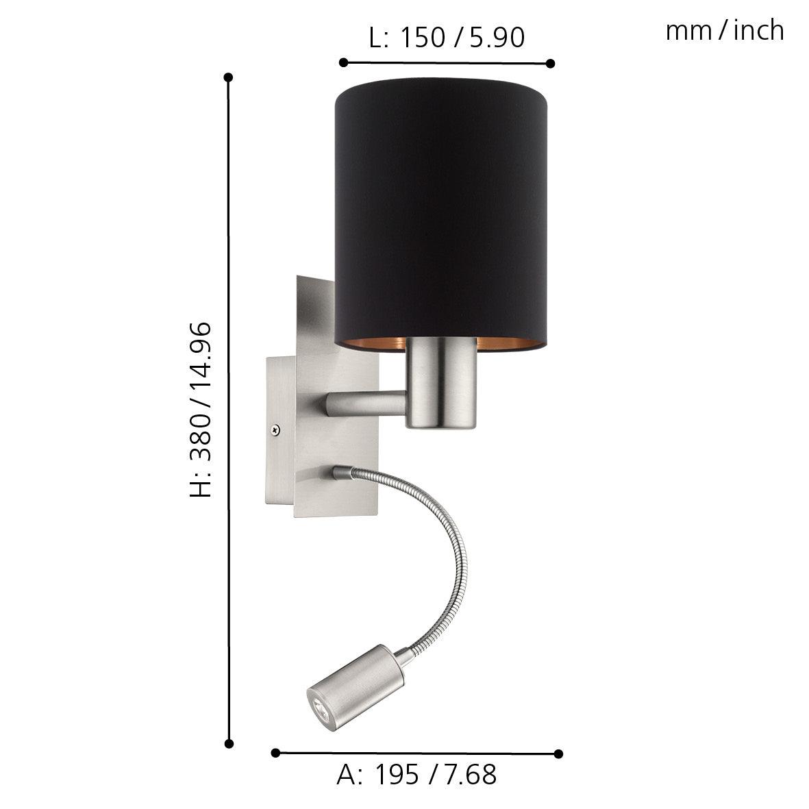 eglo pasteri nickel black shade wall light with reading light living room close up