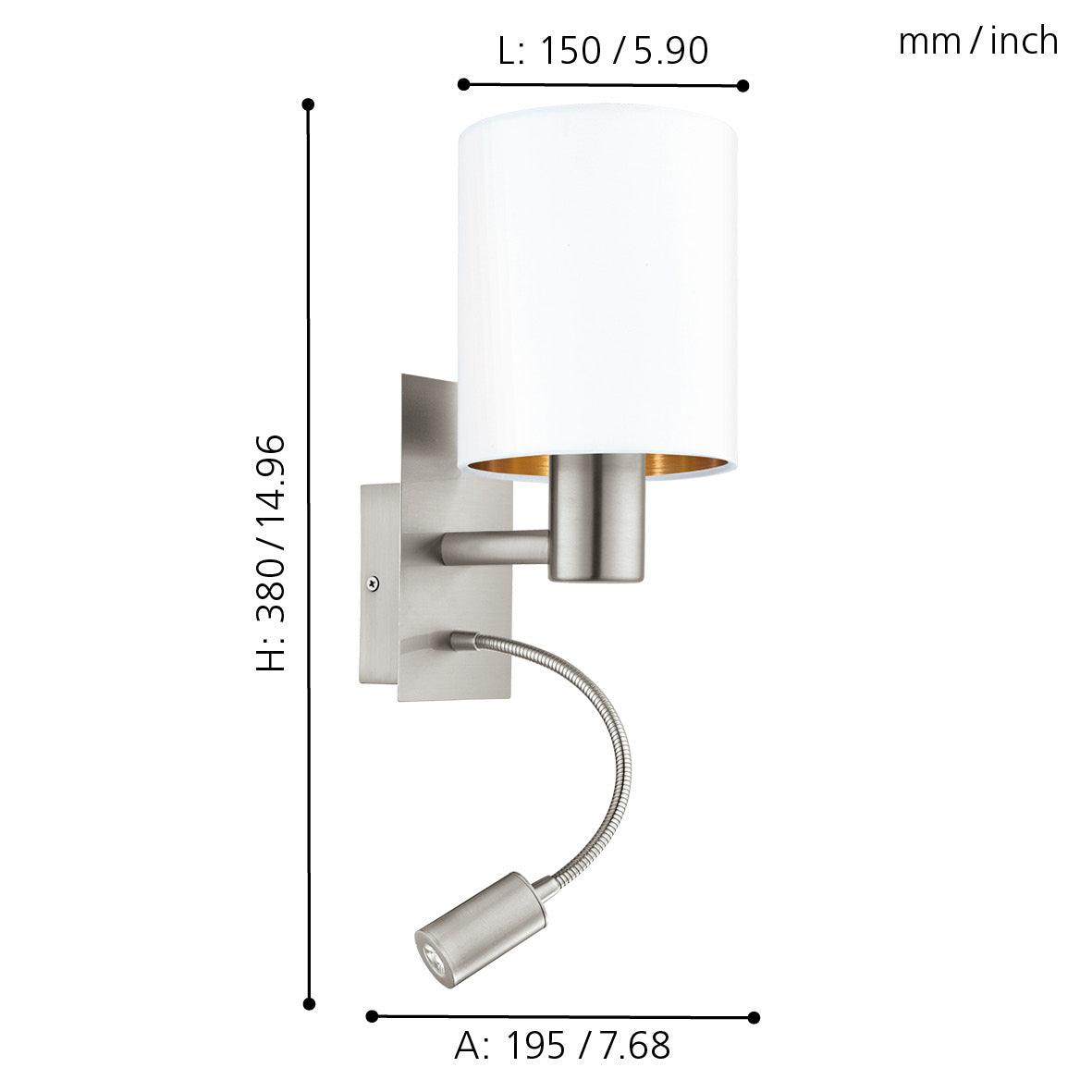 eglo pasteri nickel wall light with white gold shade living room close up