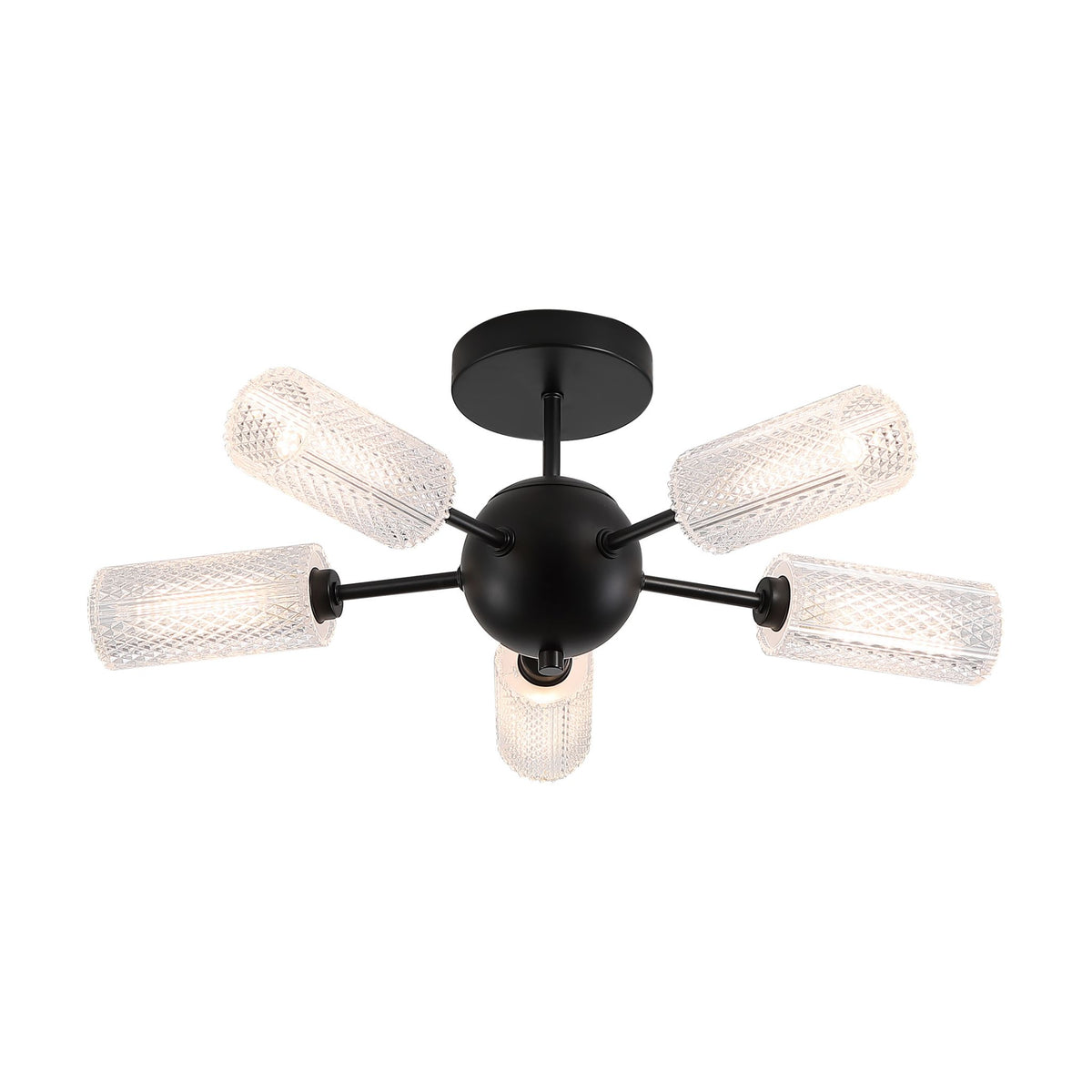 Cosmic 5-light semi-flush ceiling light lit, black sphere hub with textured acrylic tubes