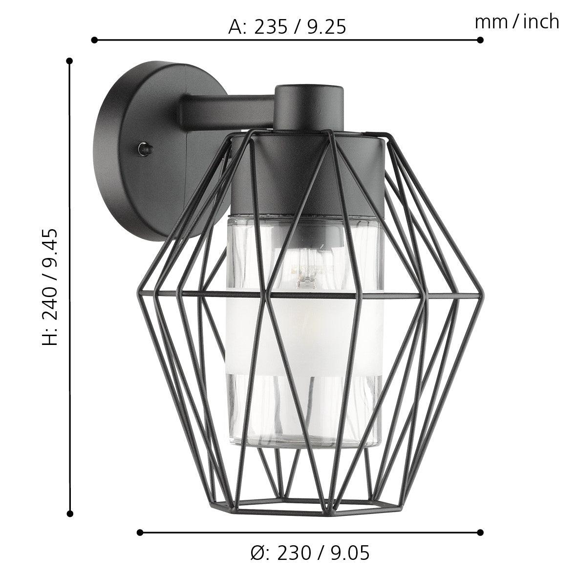 eglo canove black lantern style metal wire outdoor wall light ip55 living room close up
