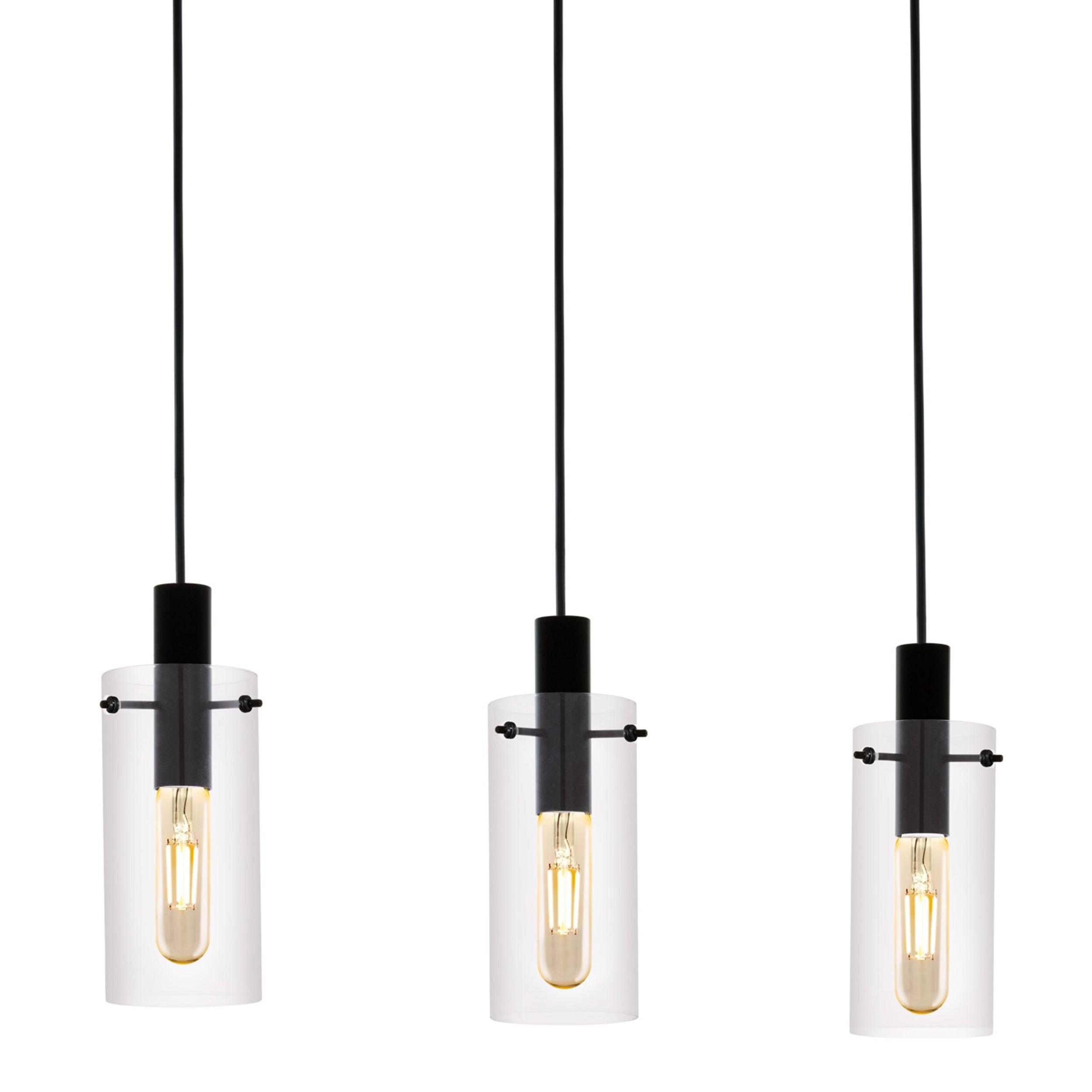 eglo montefino 3 light black clear glass cylinder pendant living room close up
