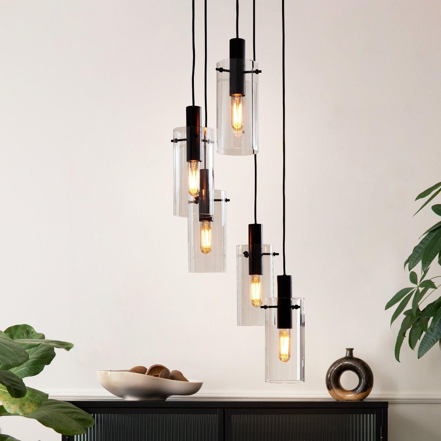 eglo montefino 5 light black clear glass cylinder pendant kitchen lighting