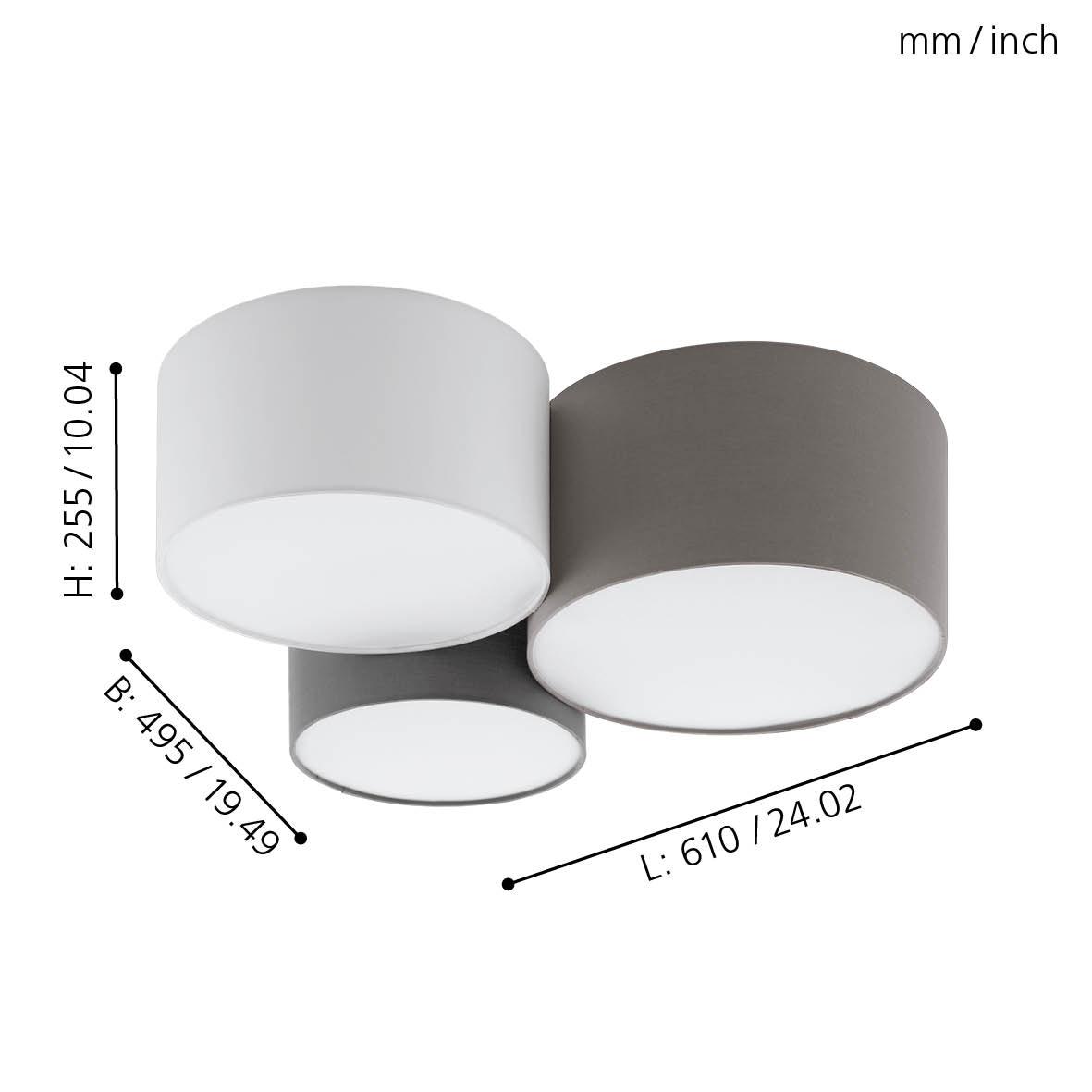 eglo pastore flush 3 shade ceiling light grey white brown living room close up