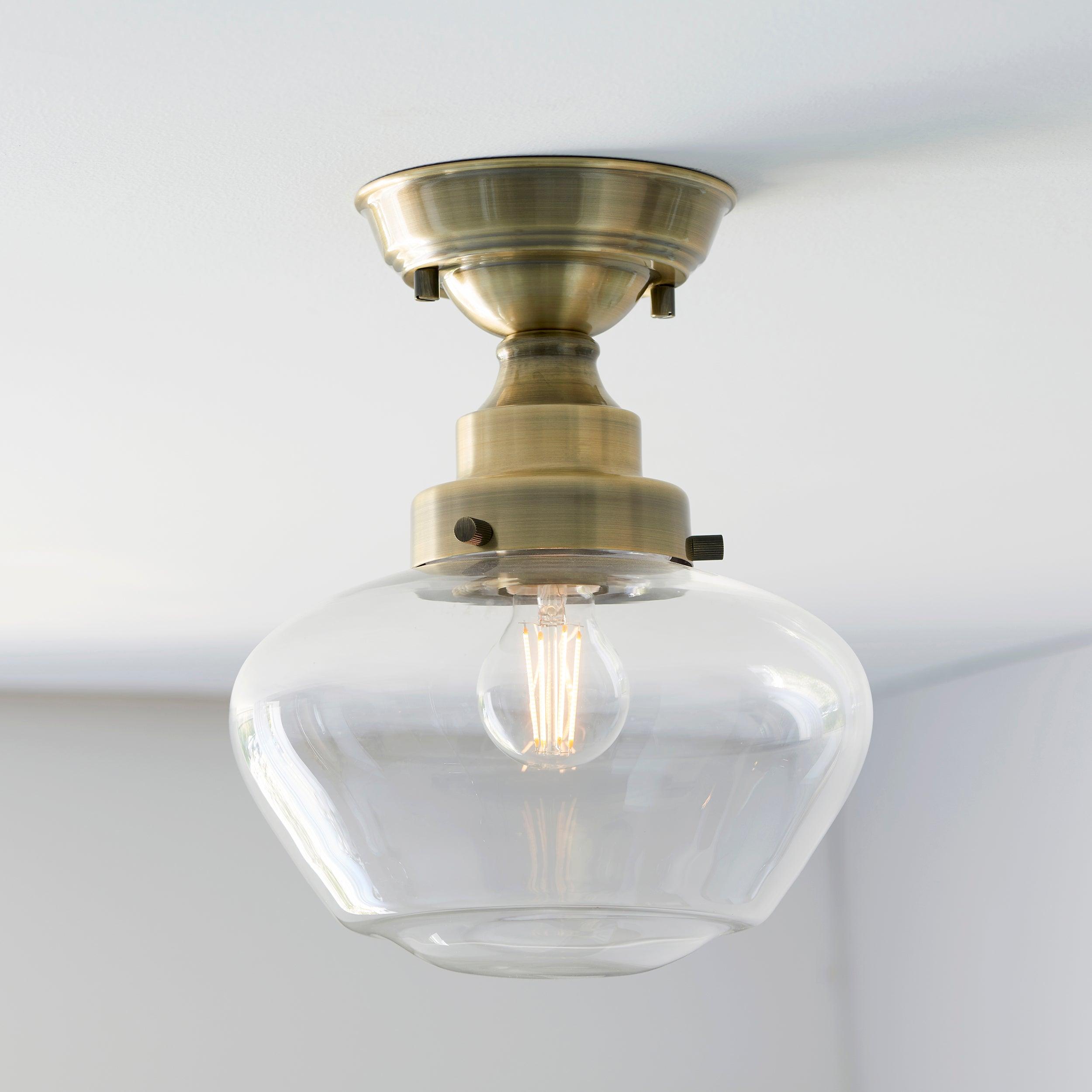 camberley brass school house semi flush ceiling light by Endon Lighting Living Room Close Up 31