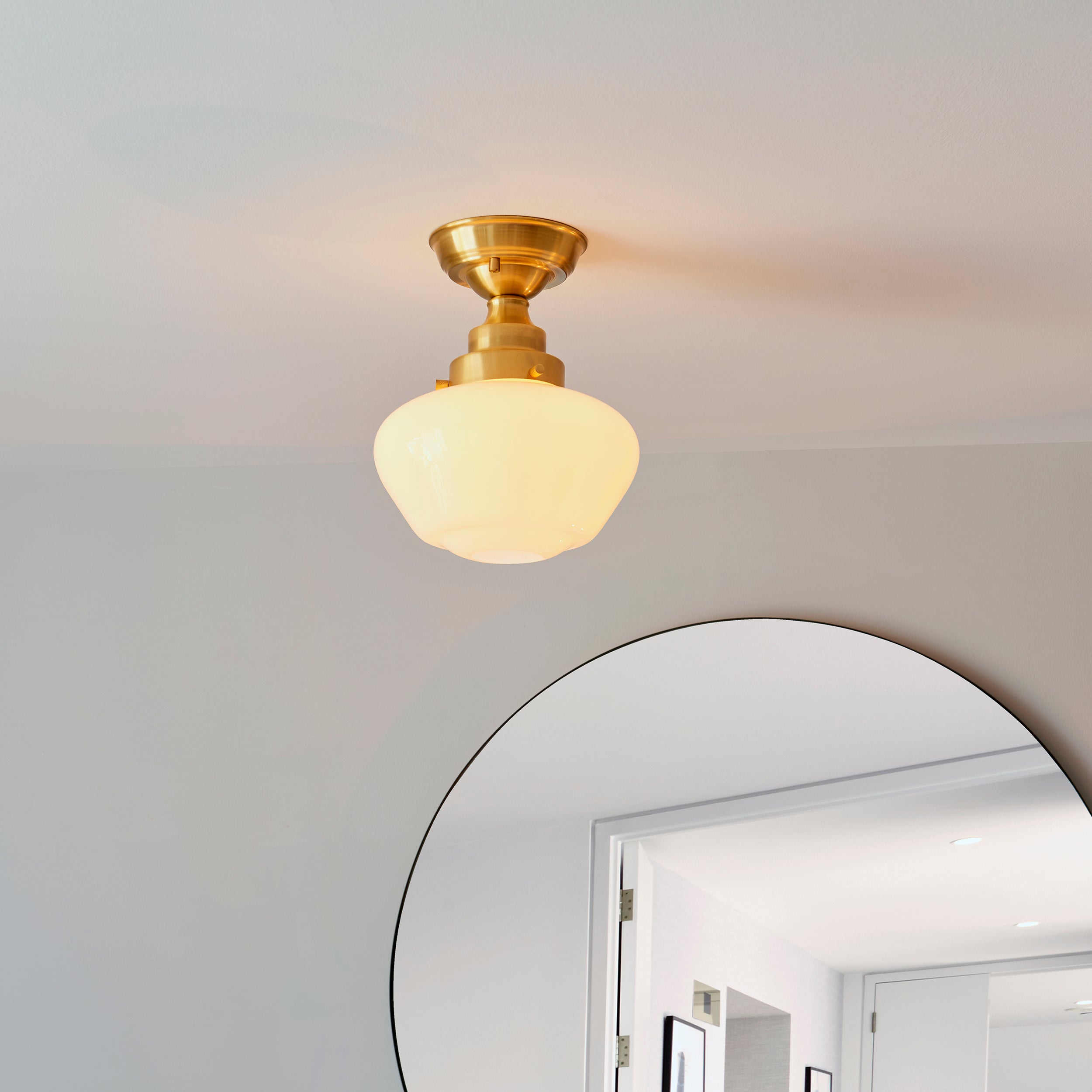 Camberley Brass & Opal Glass School House Semi Flush Ceiling Light