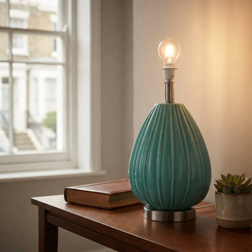 Oaks Lighting Arda Sea Blue Glass & Chrome Touch Table Lamp by Oaks Lighting — suits living rooms, bedrooms & offices