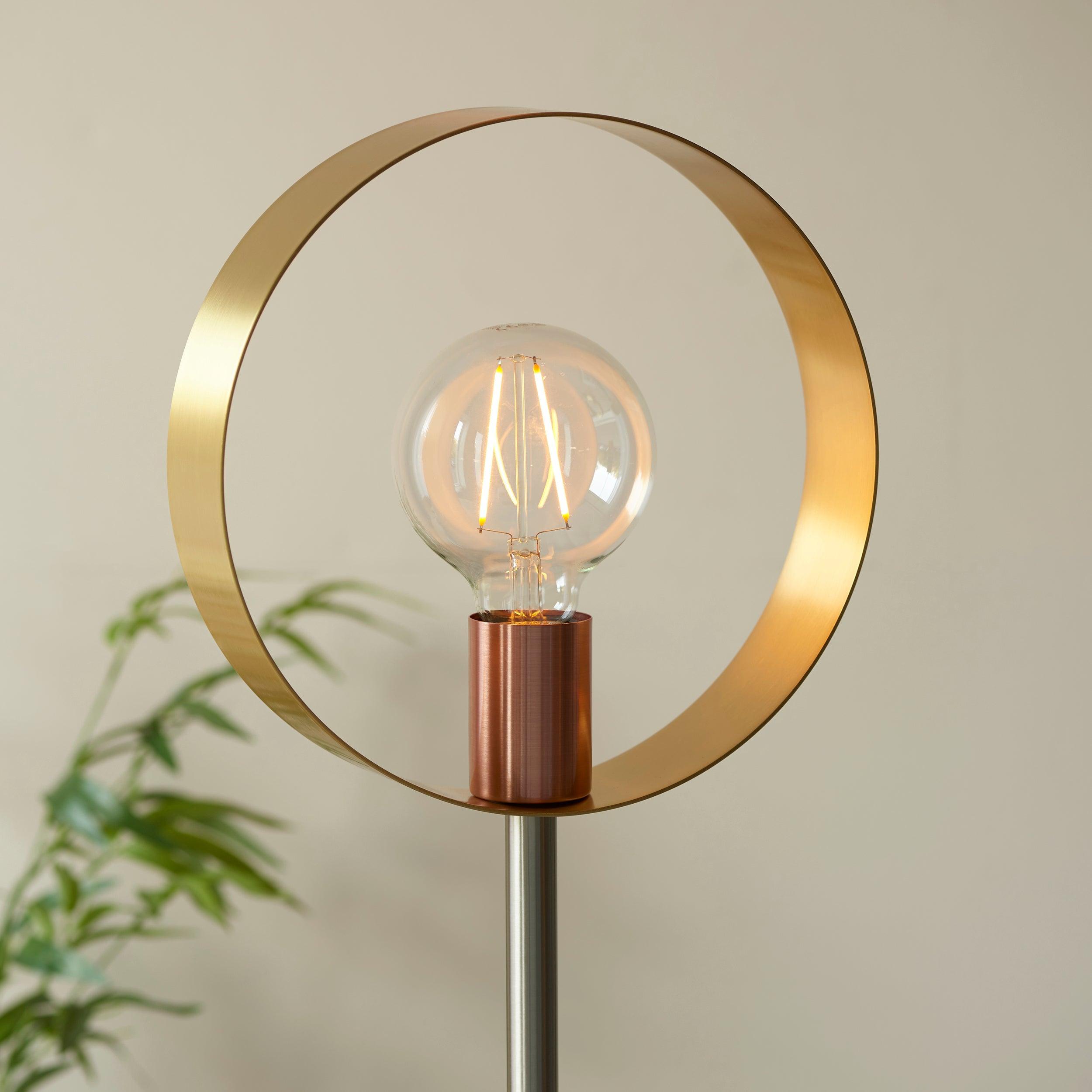 hoop brass nickel copper floor lamp by Endon Lighting Living Room Unlit Shot