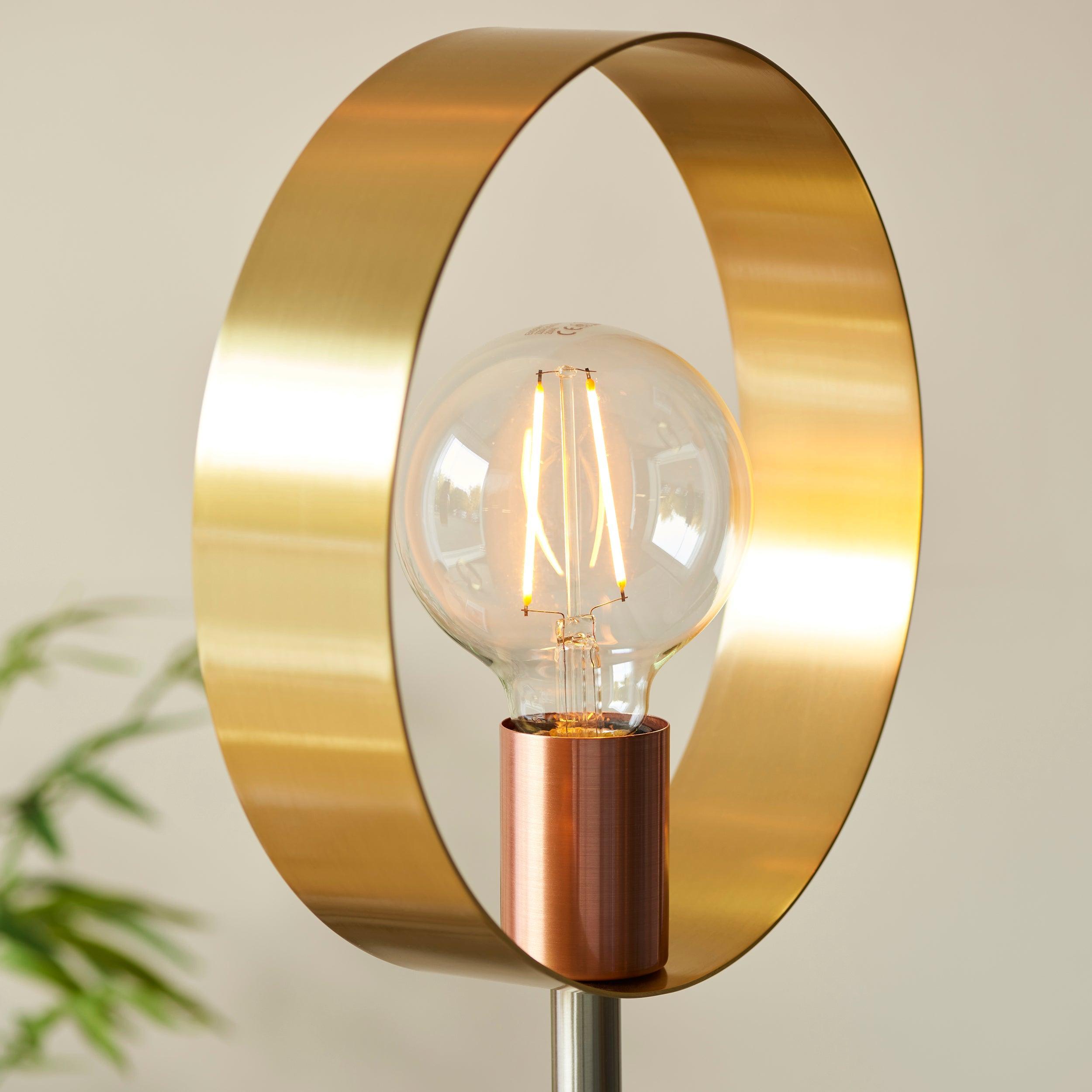 hoop brass nickel copper floor lamp by Endon Lighting Bedroom Hero Shot