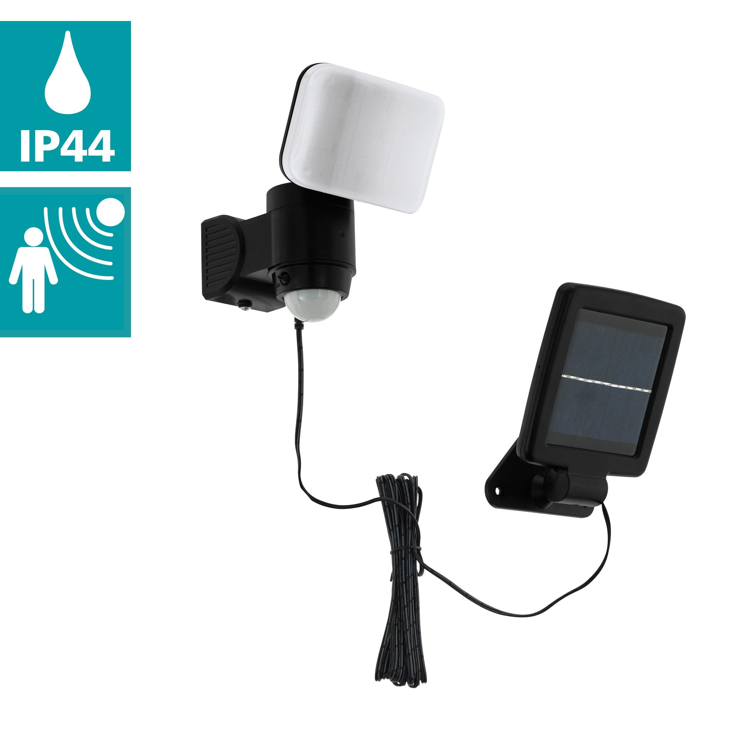 eglo casabas black pir solar led wall light ip44 living room close up