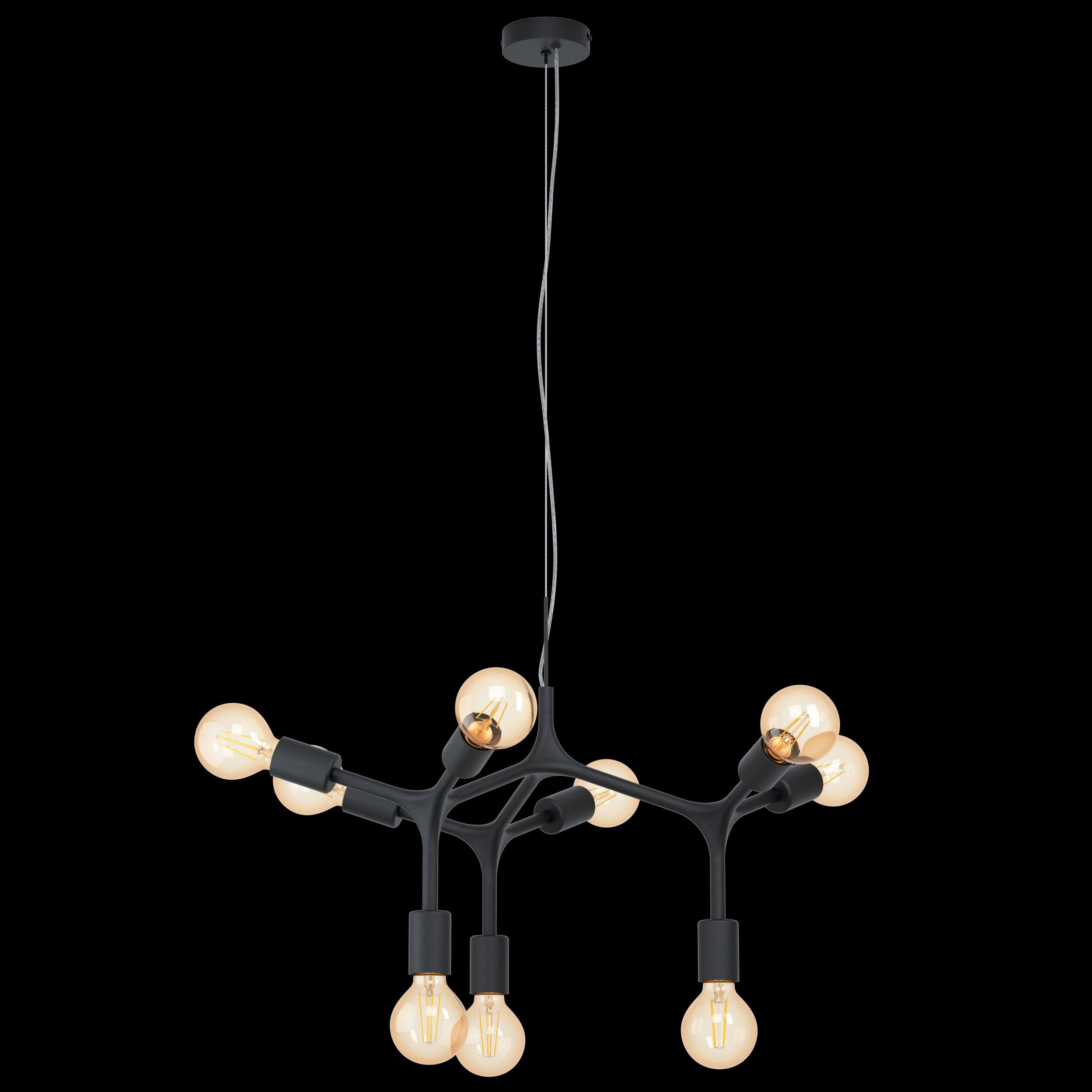 eglo bocadella 9 arm black metal ceiling pendant living room close up