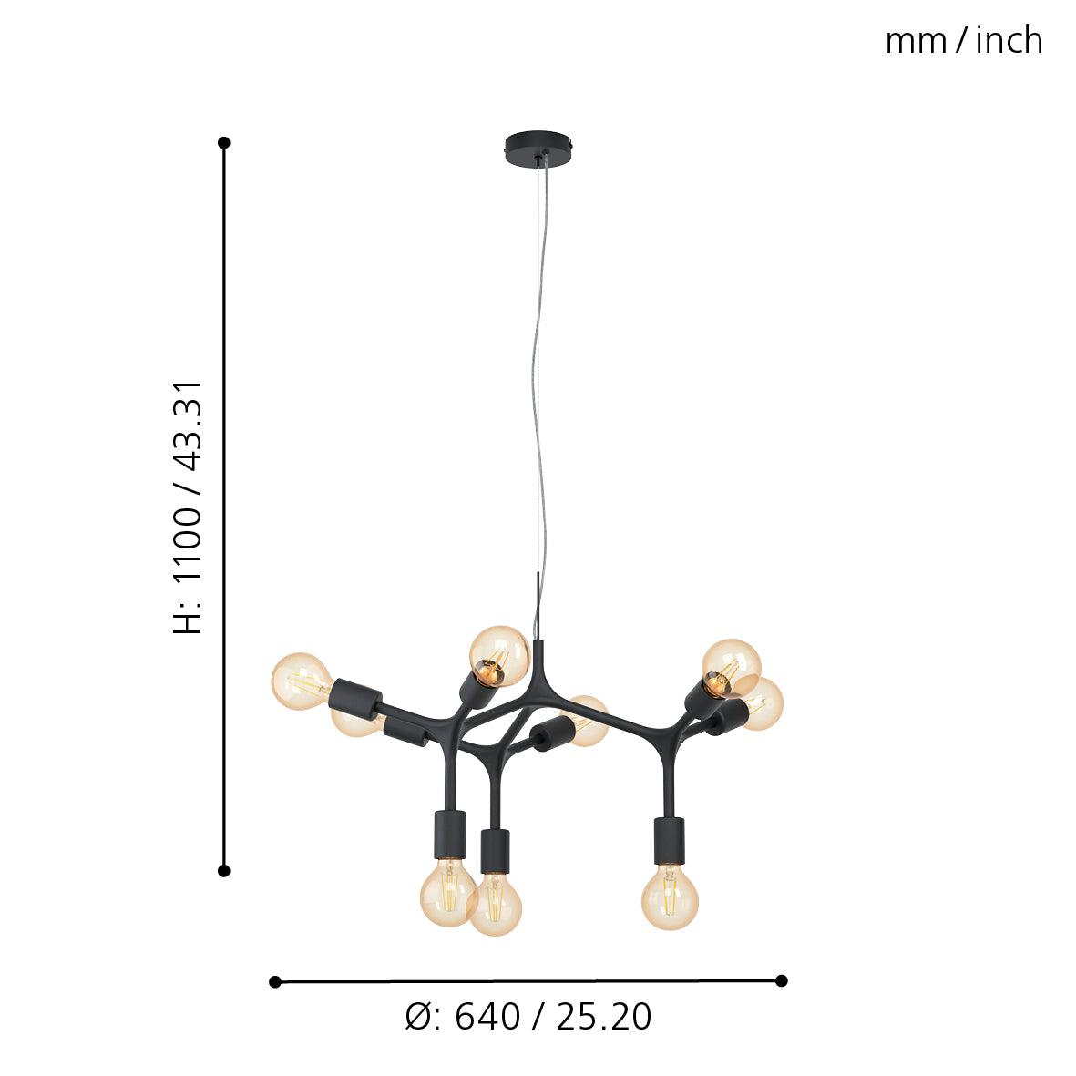 eglo bocadella 9 arm black metal ceiling pendant kitchen lighting