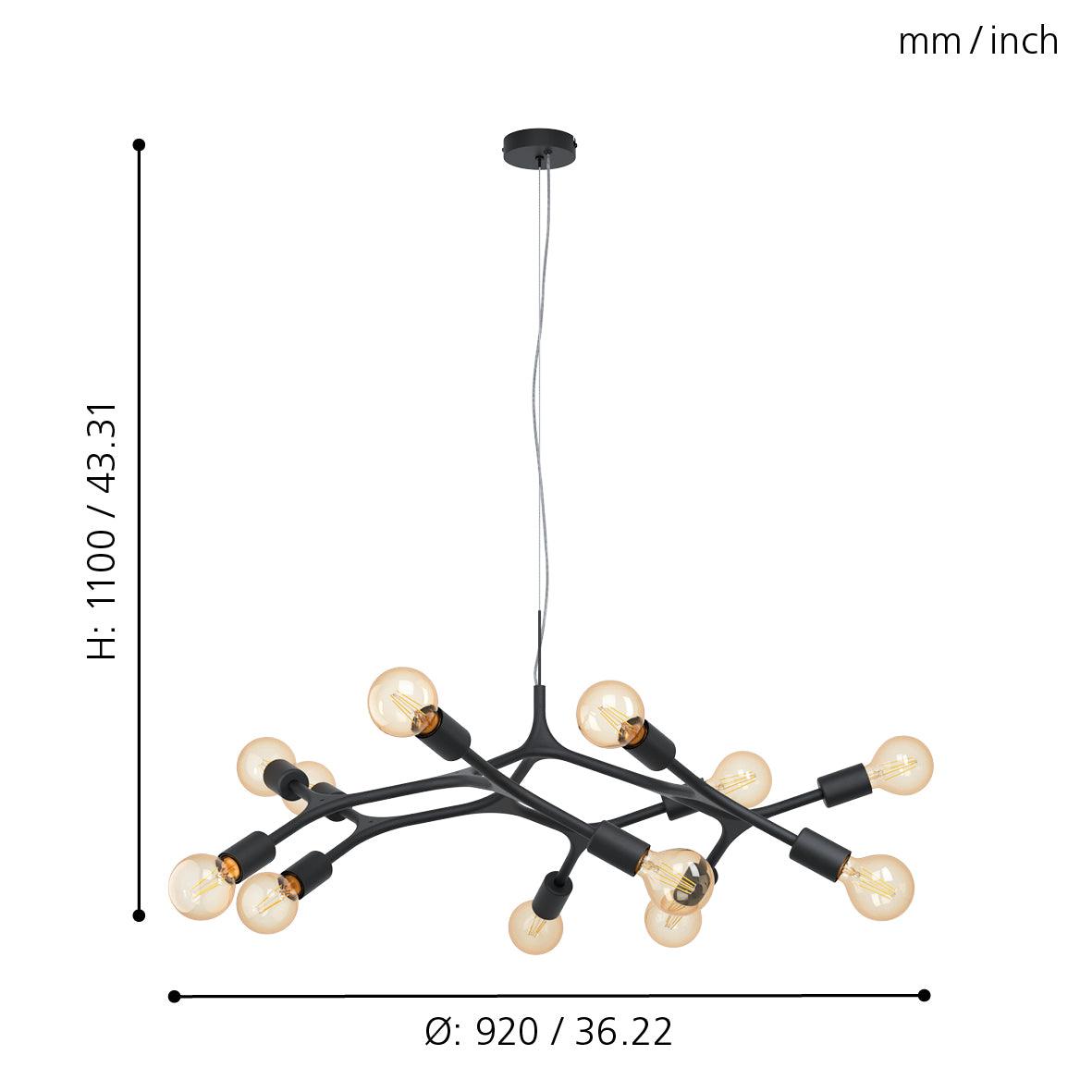 eglo bocadella 12 arm black metal ceiling pendant living room close up