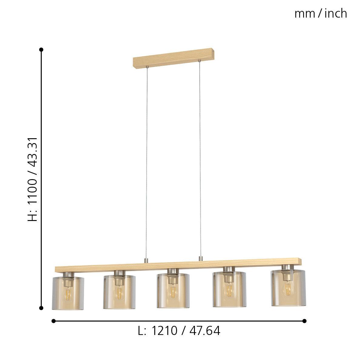 eglo castralvo 5 light wood bar ceiling pendant amber glass shades living room close up