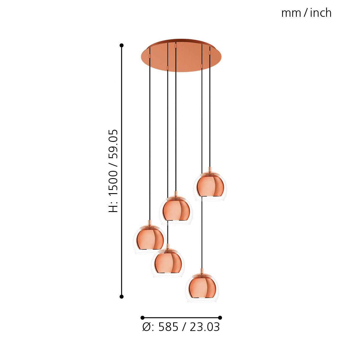 eglo rocamar 1 5 light clear glass copper ceiling pendant living room close up