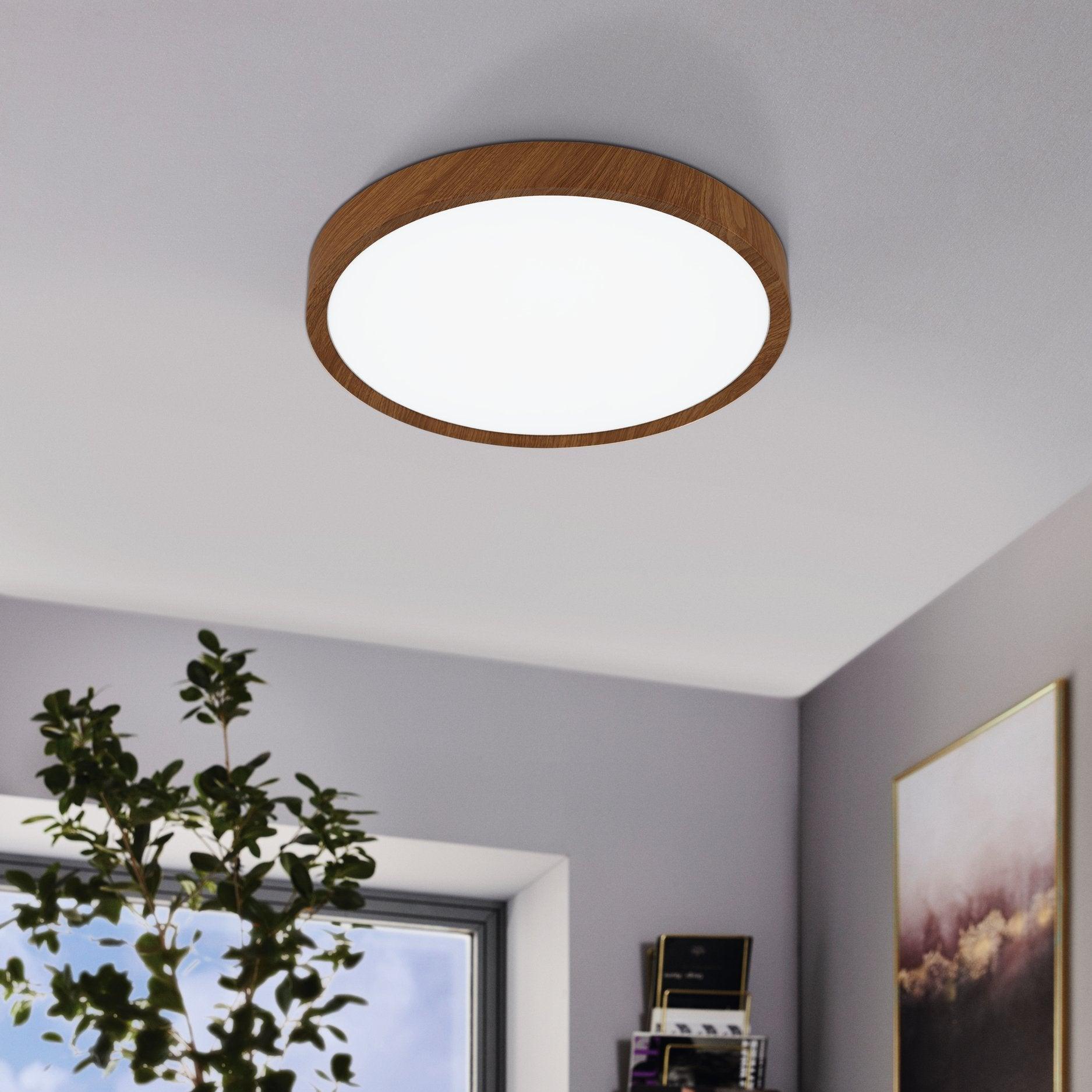 eglo musurita wood effect round led flush ceiling light 44cm