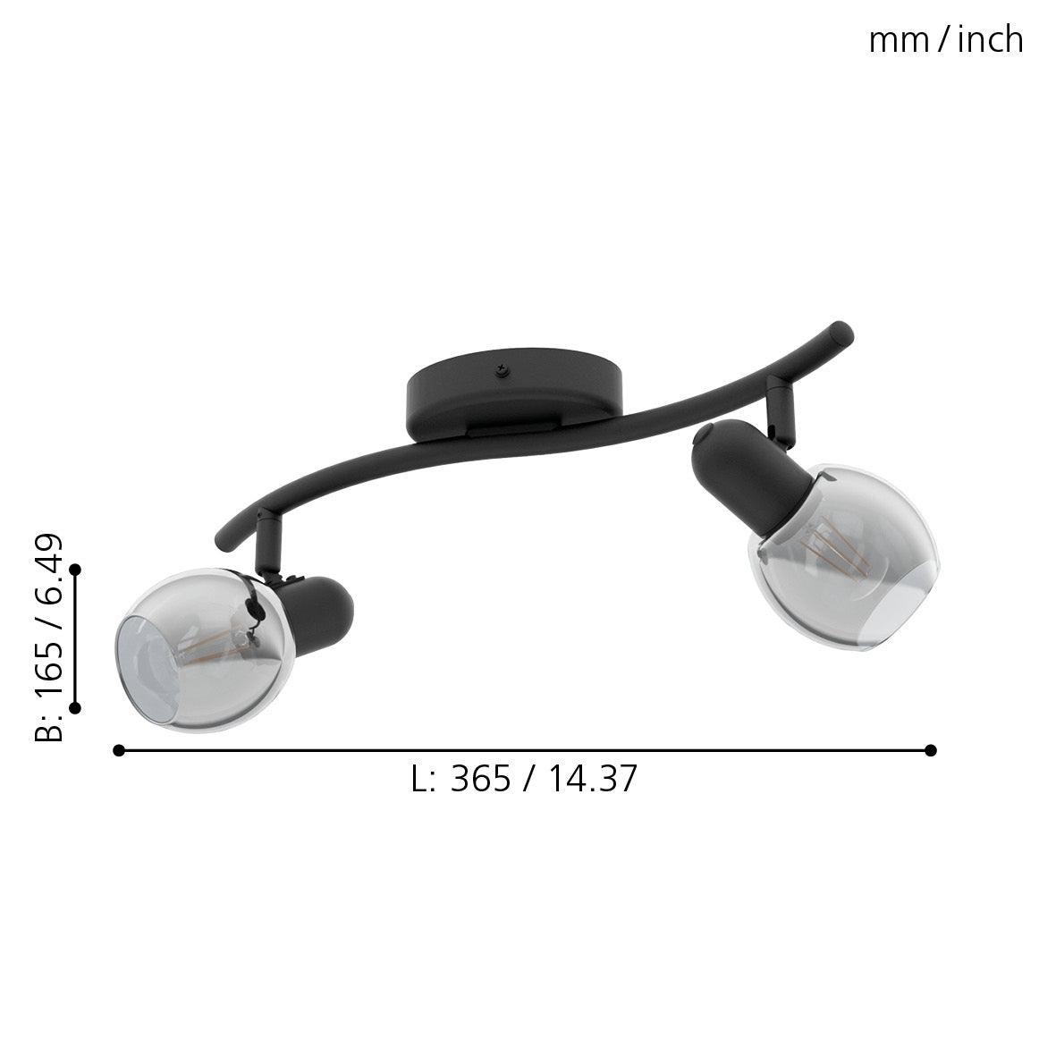 eglo pollica black smoked glass 2 light bar spotlight living room close up