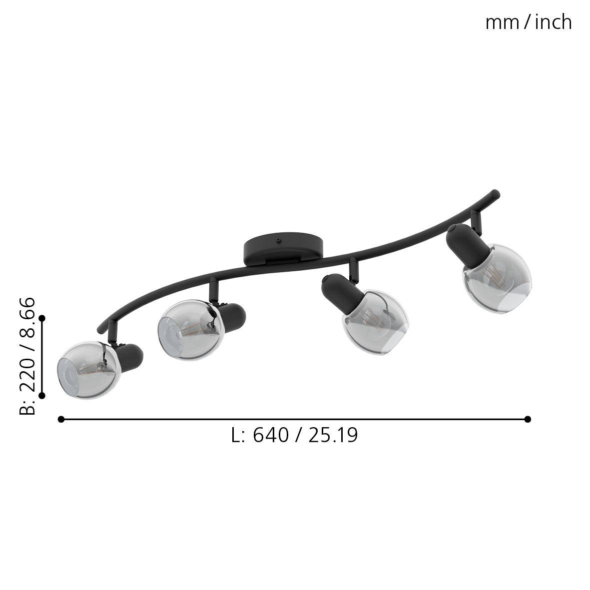 eglo pollica black smoked glass 4 light bar spotlight living room close up