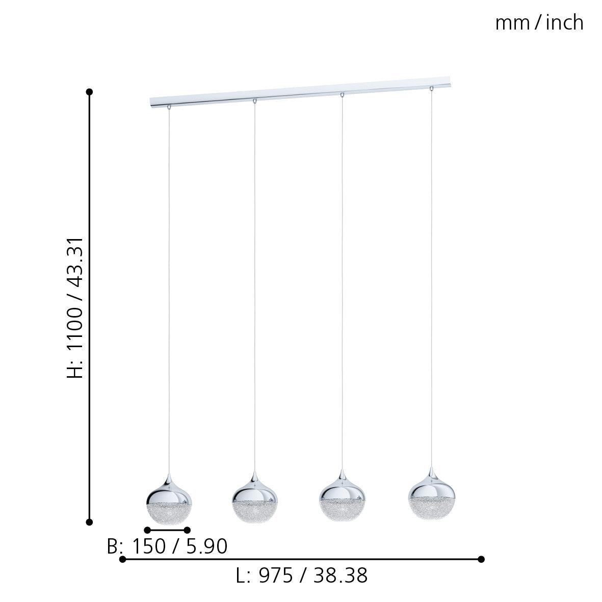 eglo mioglia 1 4 light chrome crystal effect ceiling pendant living room close up