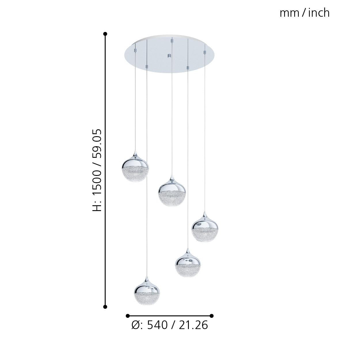 eglo mioglia 1 5 light chrome crystal effect pendant living room close up