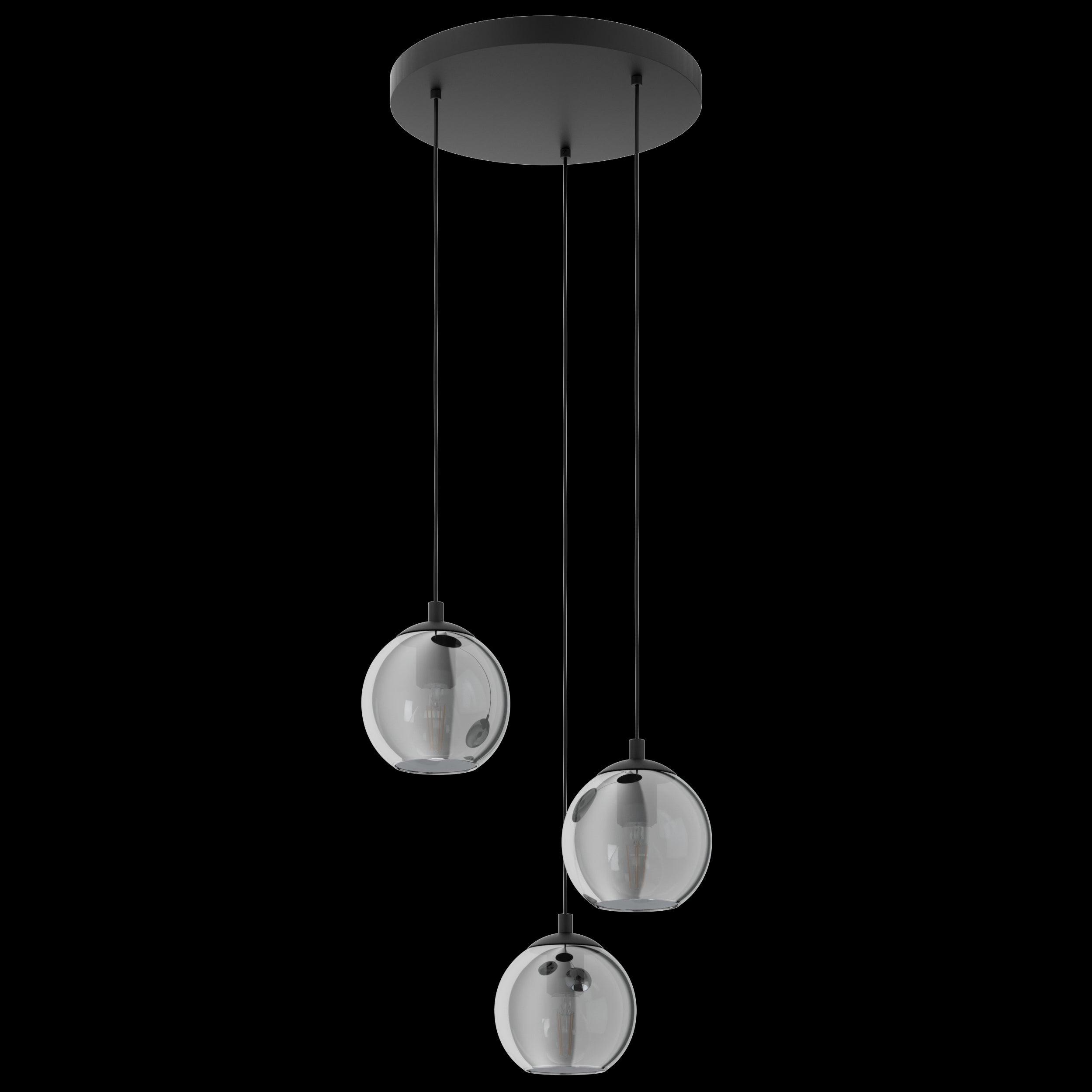 eglo ariscani black steel vaporised glass 3 light pendant living room close up