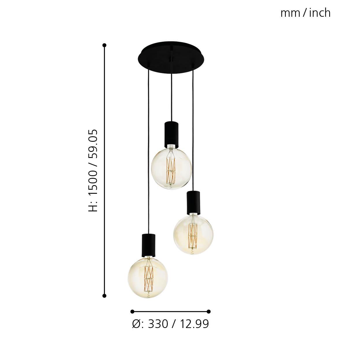 eglo pozueta 3 light black cable set pendant living room close up