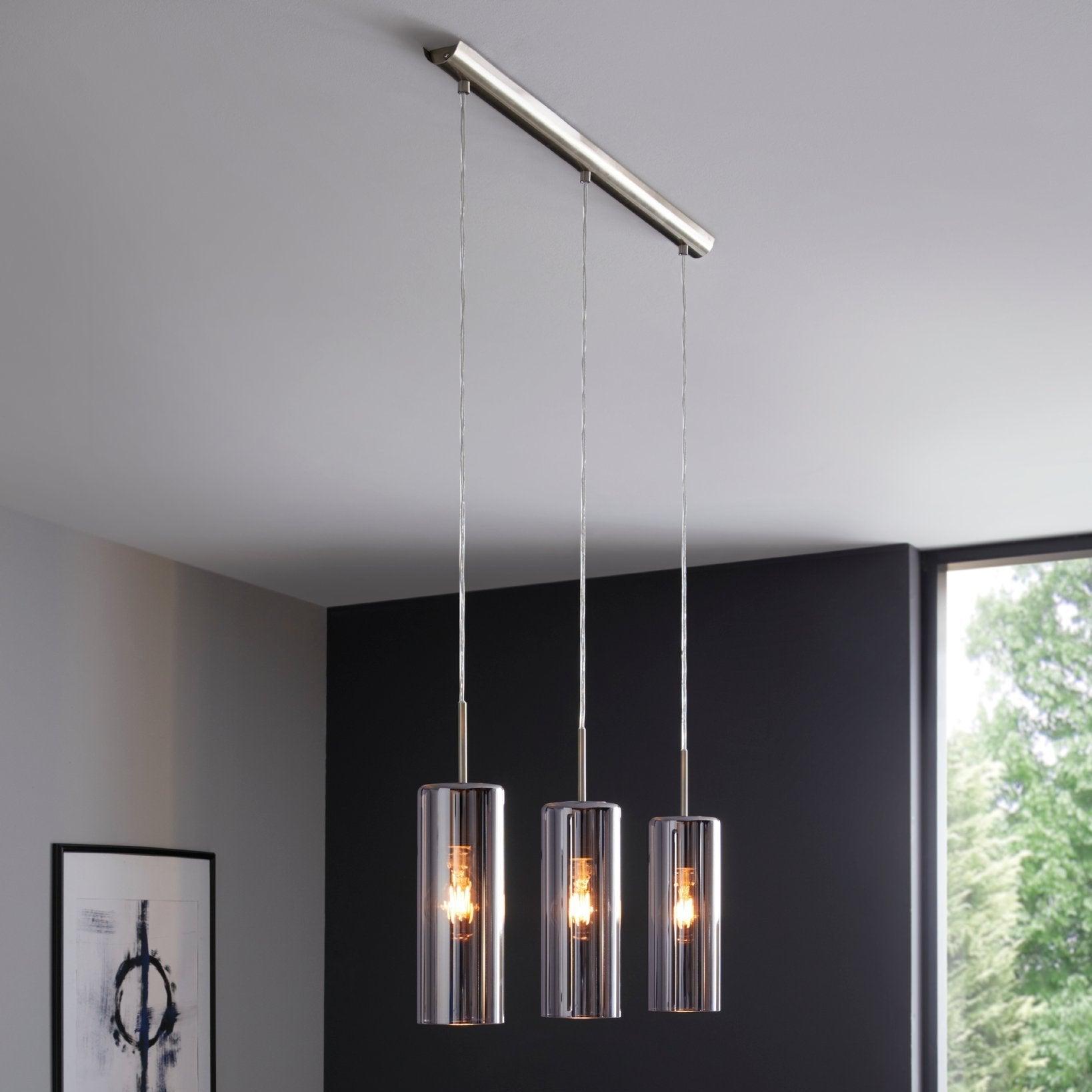 eglo selvino 3 light cylindrical smoked black glass pendant