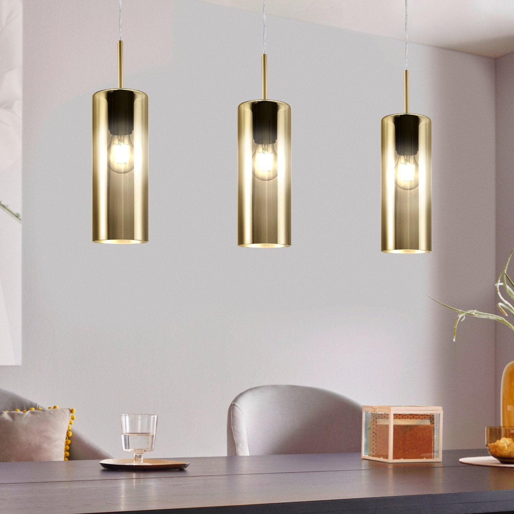 eglo selvino 3 light cylindrical gold coated glass pendant living room image