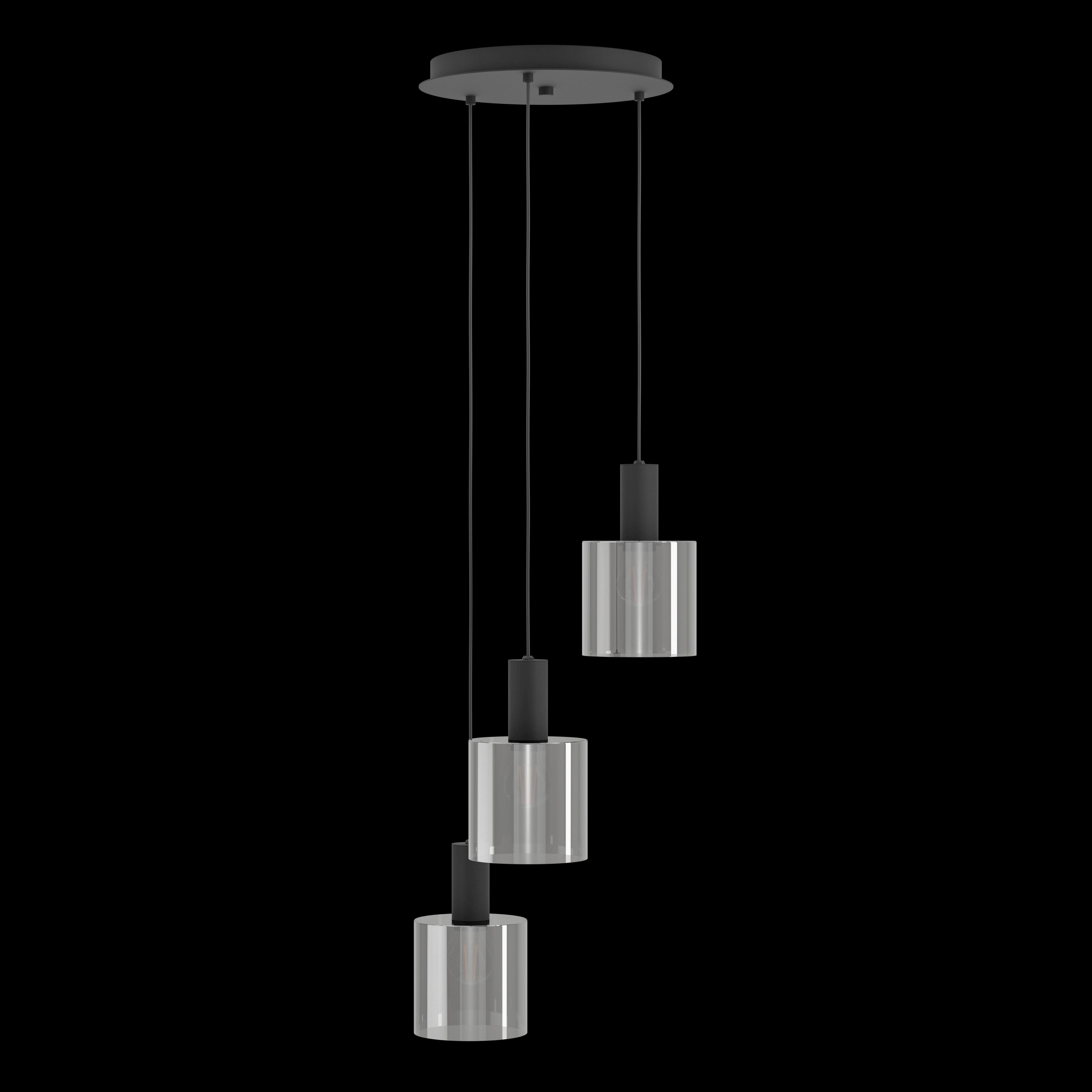 eglo gorosiba 3 light smoked black glass lampshade pendant living room close up