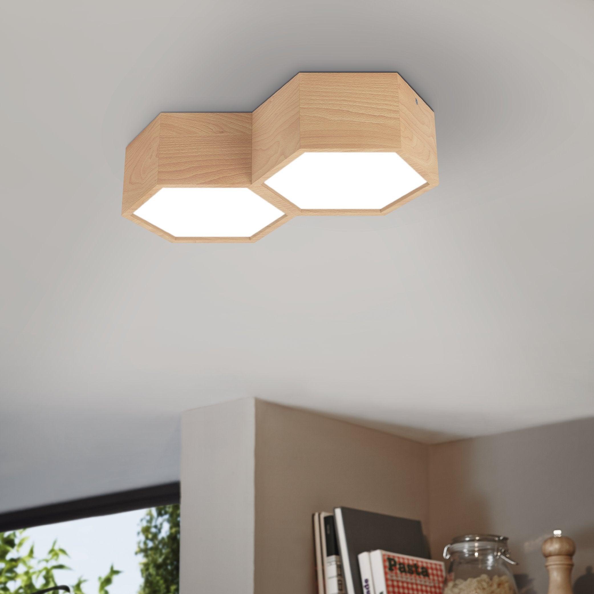 eglo mirlas 2 light hexagonal wooden flush ceiling light