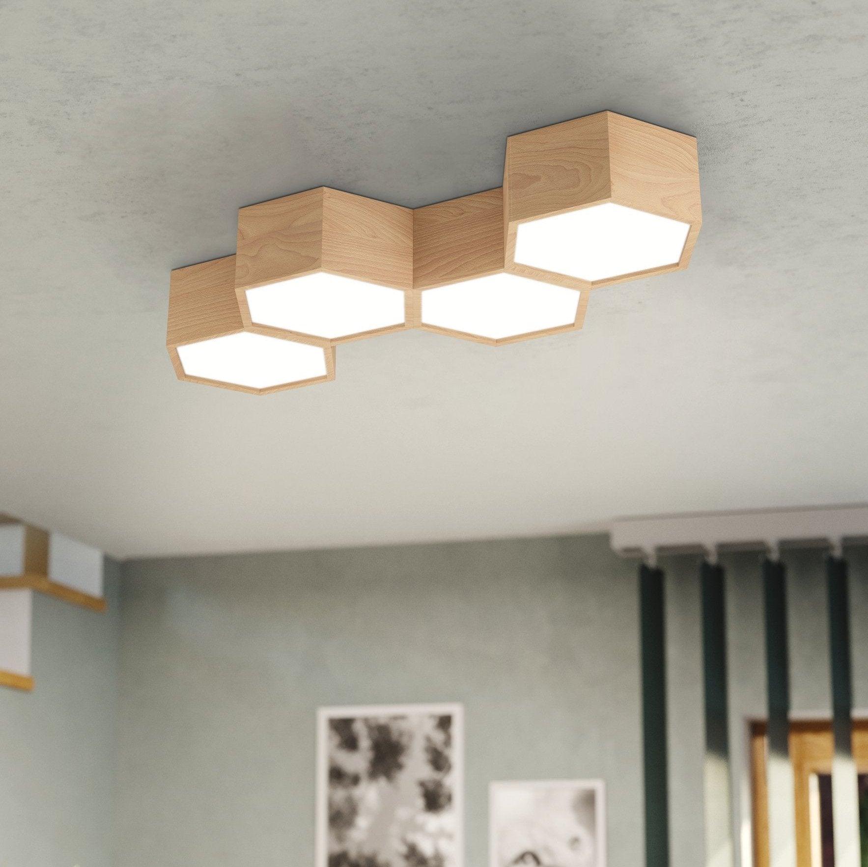 eglo mirlas 4 light hexagonal wooden flush ceiling light