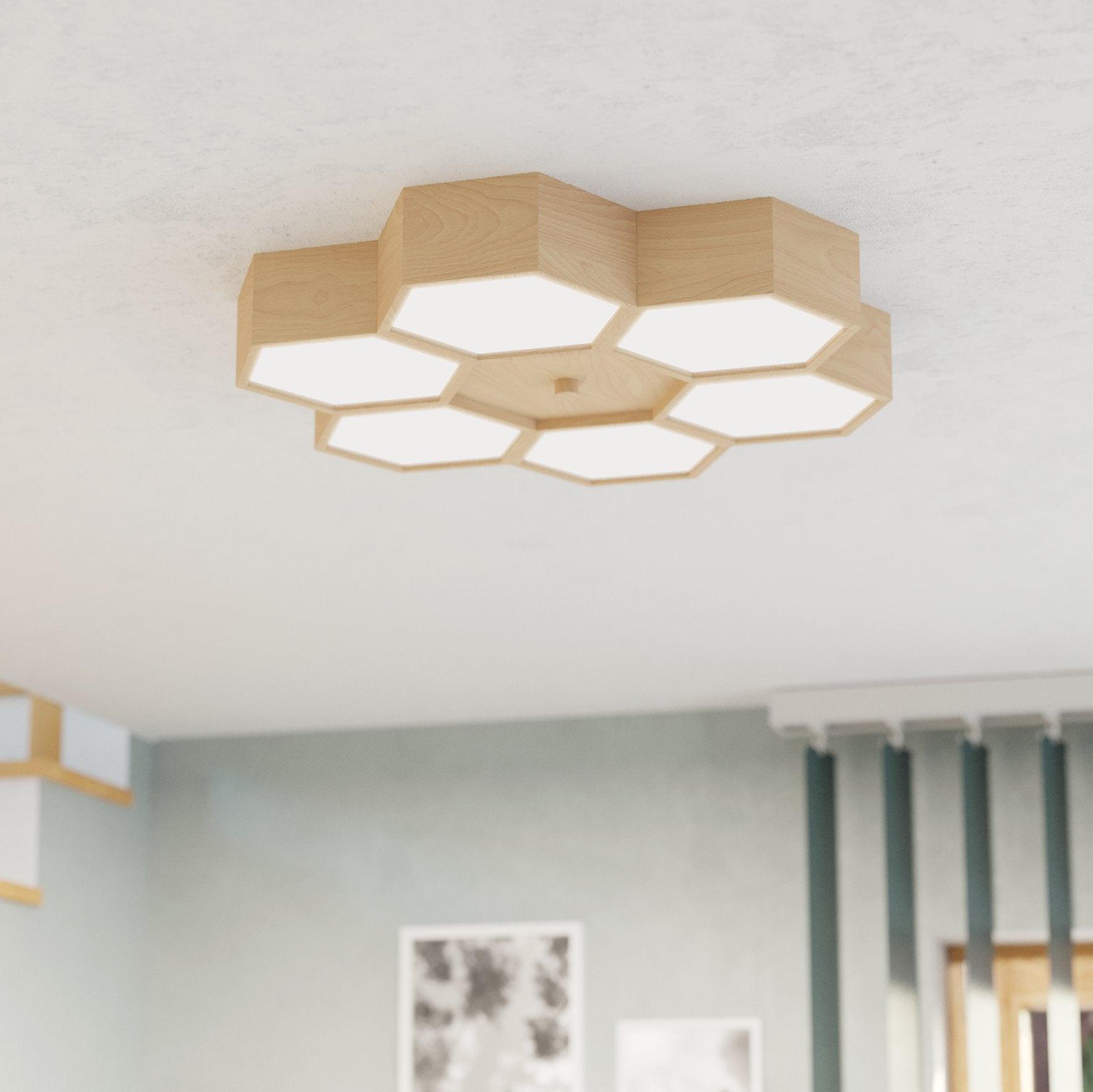 eglo mirlas 6 light hexagonal wooden flush ceiling light