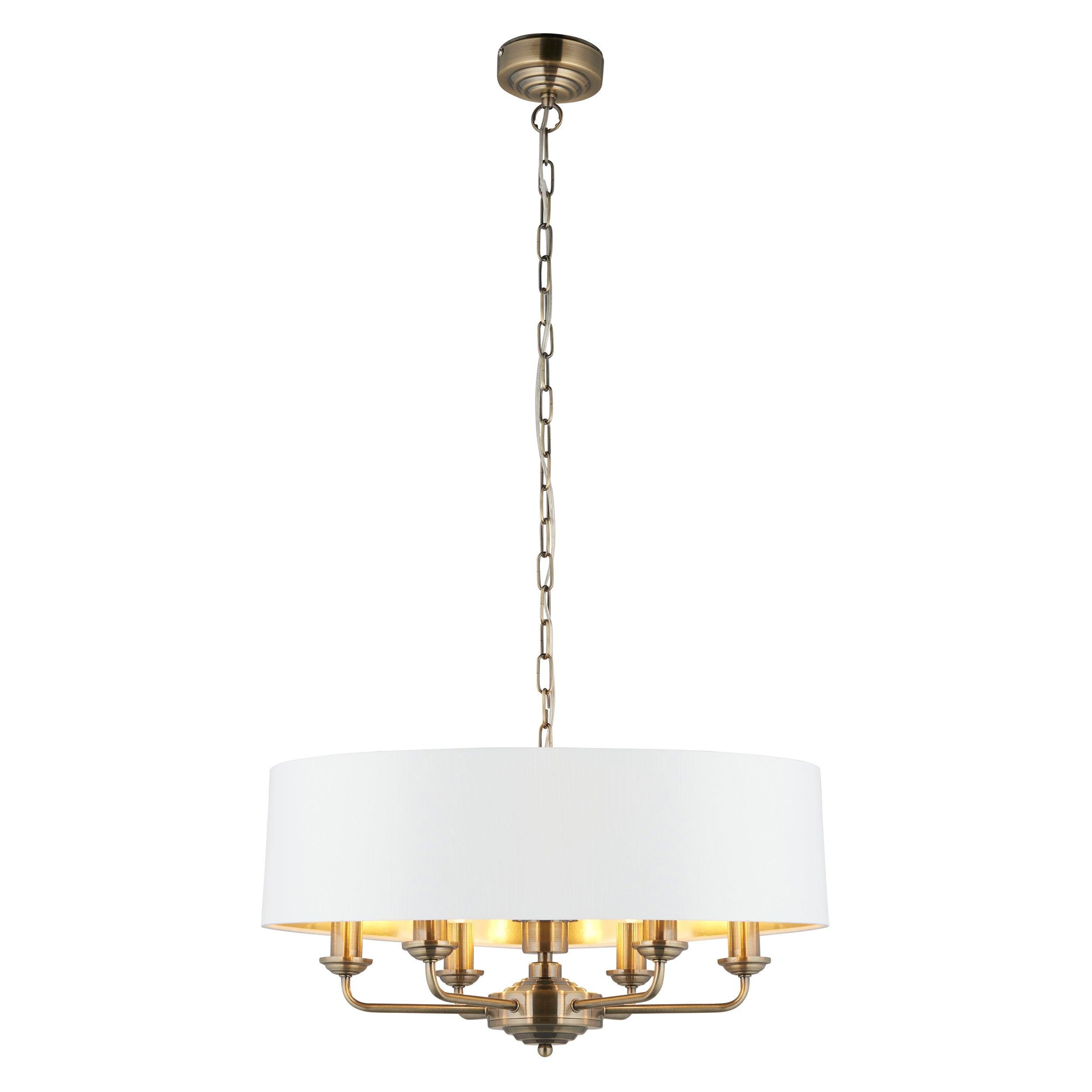 Endon Highclere 6 Light Antique Brass Pendant Ceiling Light-Ceiling Pendant Lights-Endon Lighting Living room light close up Tiffany Lighting Direct