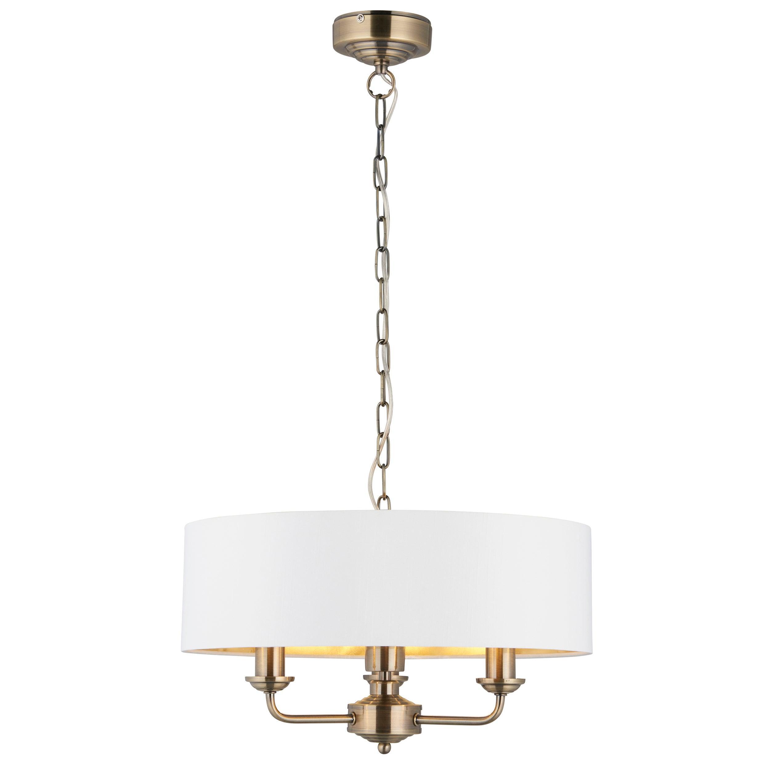 Endon Highclere 3 Light Antique Brass Ceiling Pendant-Ceiling Pendant Lights-Endon Lighting Living Room Wide Shot Lighting Tiffany Lighting Direct