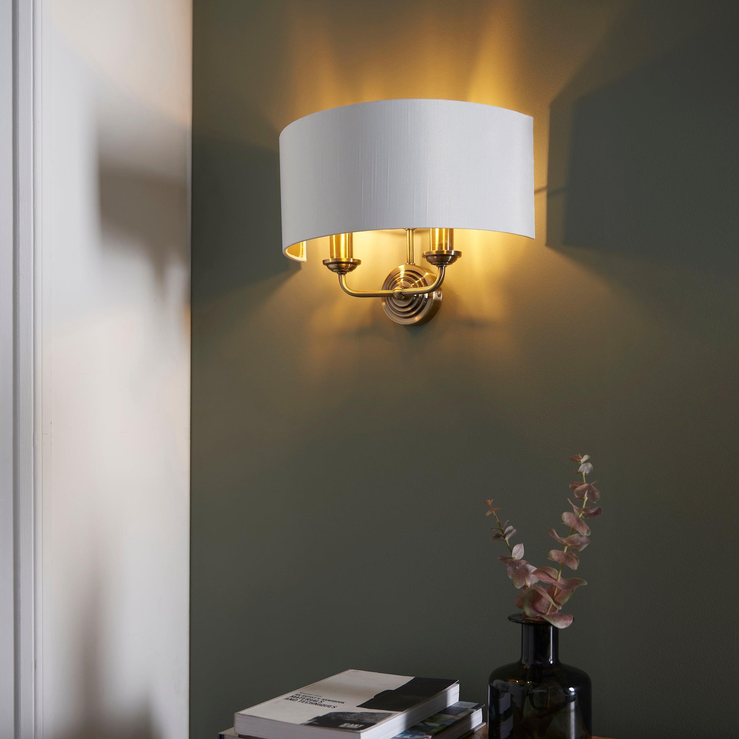 highclere brass finish wall light white shade by Endon Lighting Hallway lights Close Up