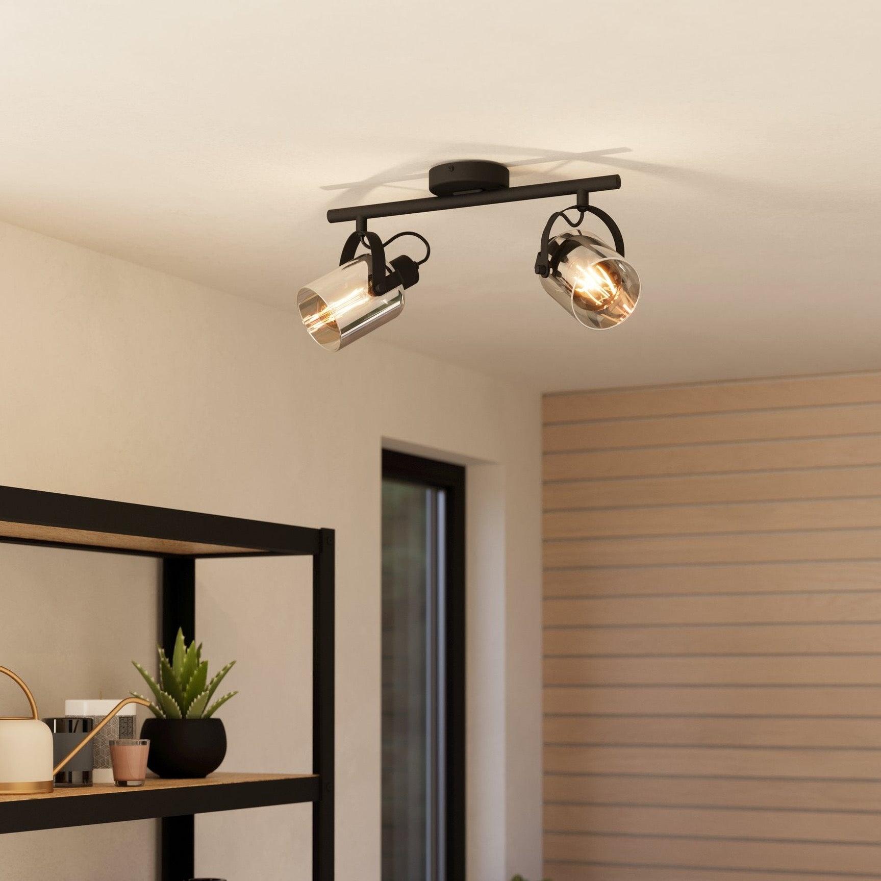 eglo berregas vaporised glass black 2 light bar spotlight