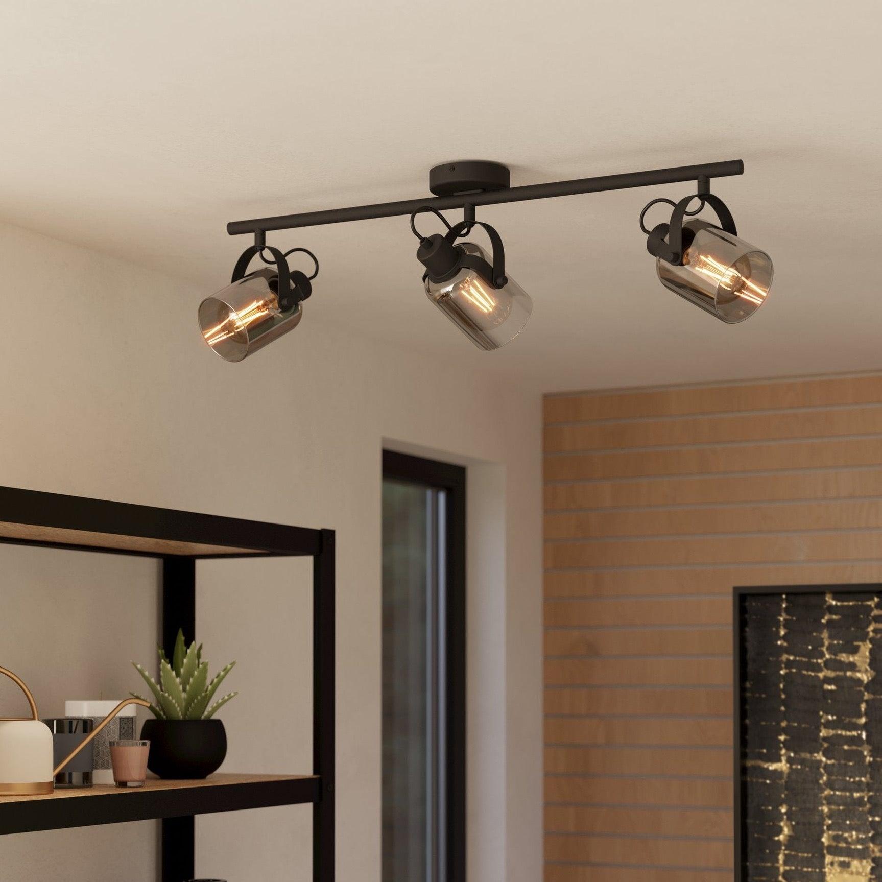 eglo berregas vaporised glass black 3 light bar spotlight