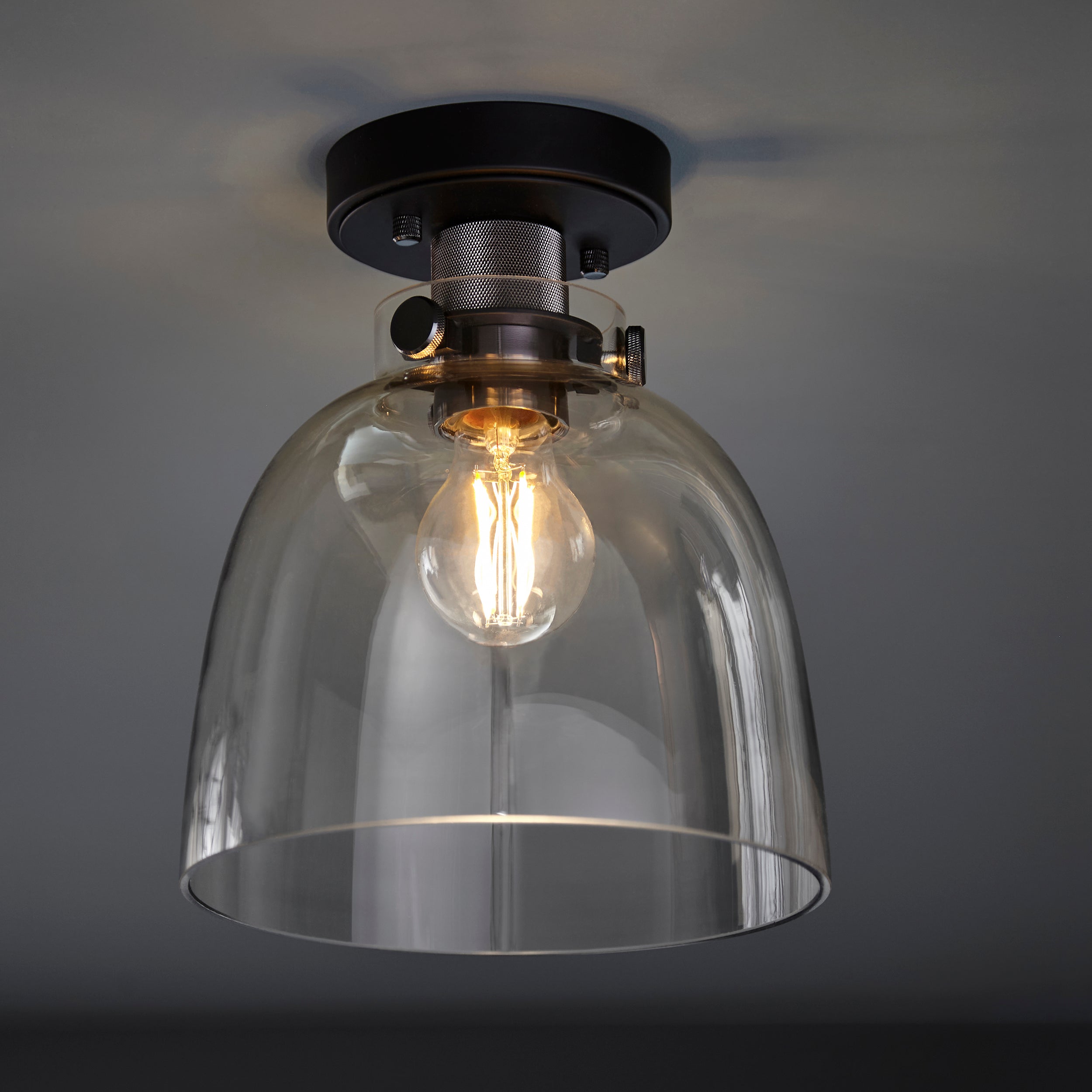 Urban Black & Knurled Chrome Industrial Flush - Glass Shade