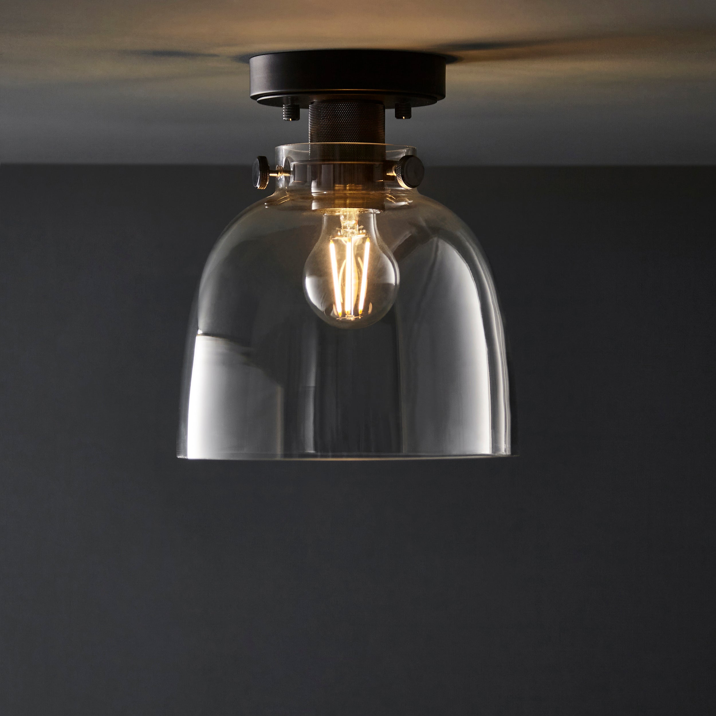 Urban Black & Knurled Chrome Industrial Flush - Glass Shade