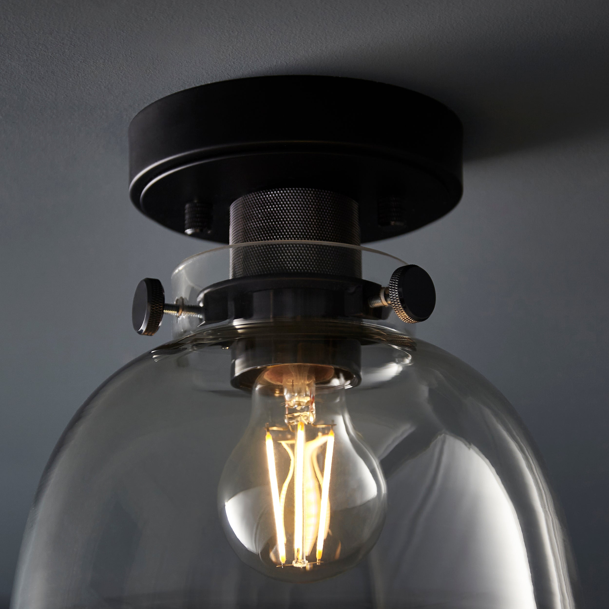 Urban Black & Knurled Chrome Industrial Flush - Glass Shade