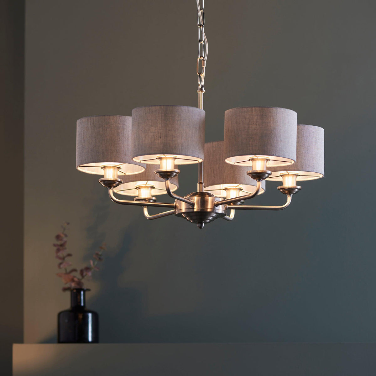 Endon Highclere Brushed Chrome 6 Arm Pendant - Natural Linen Shades-OB-180926