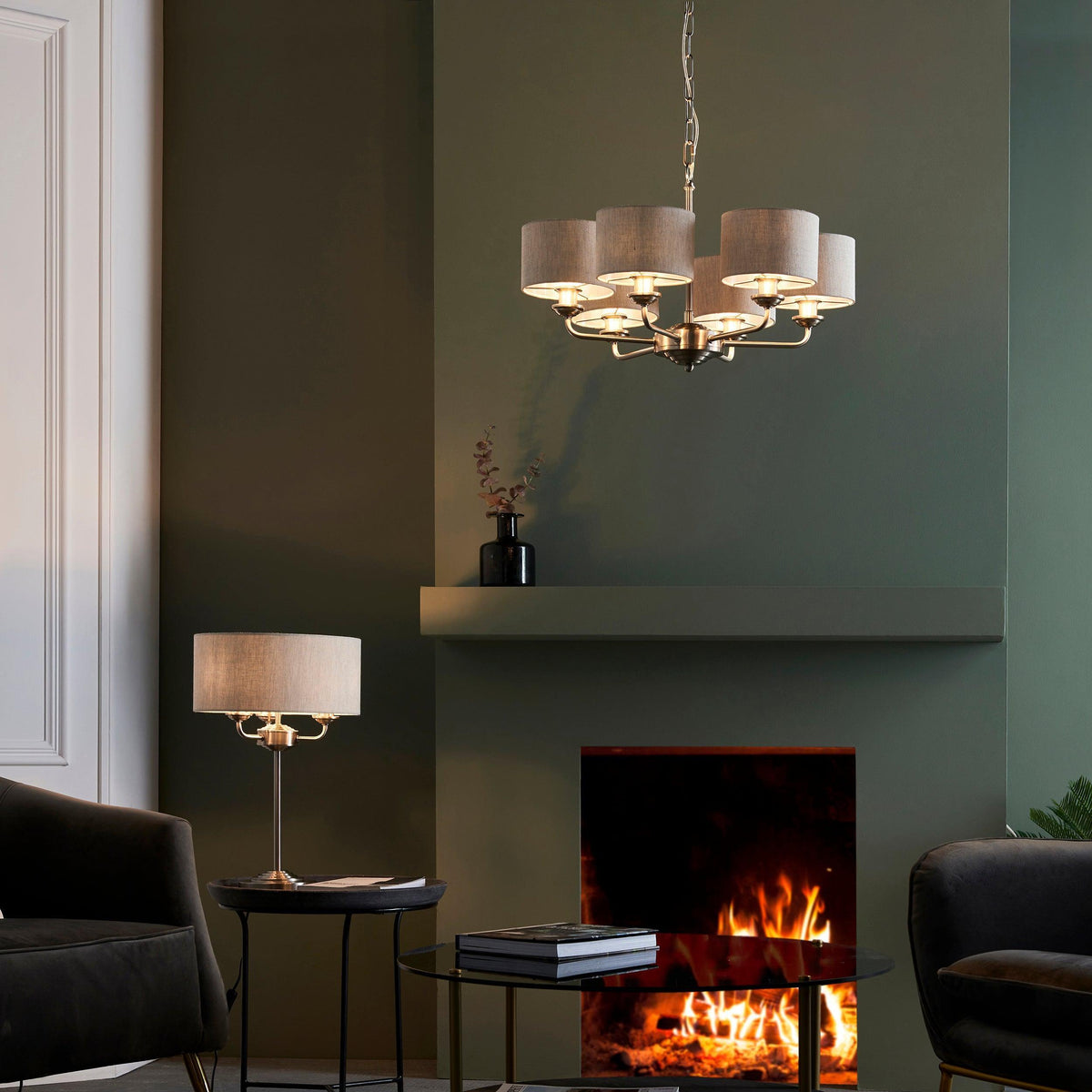 Endon Highclere Brushed Chrome 6 Arm Pendant - Natural Linen Shades-OB-180926