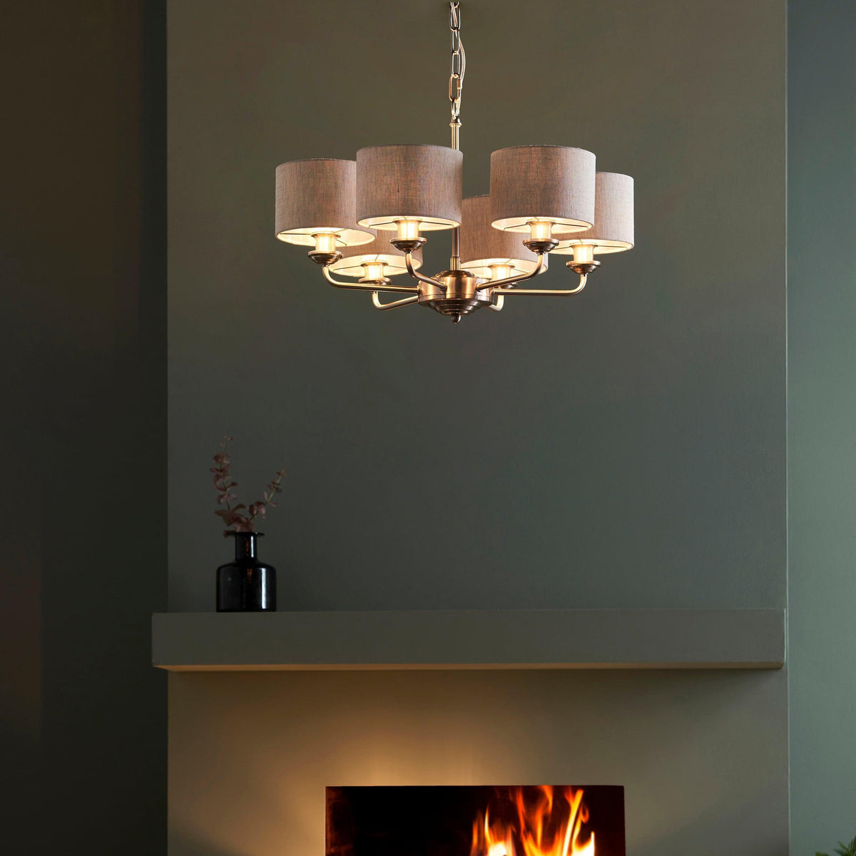 Endon Highclere Brushed Chrome 6 Arm Pendant - Natural Linen Shades-OB-180926