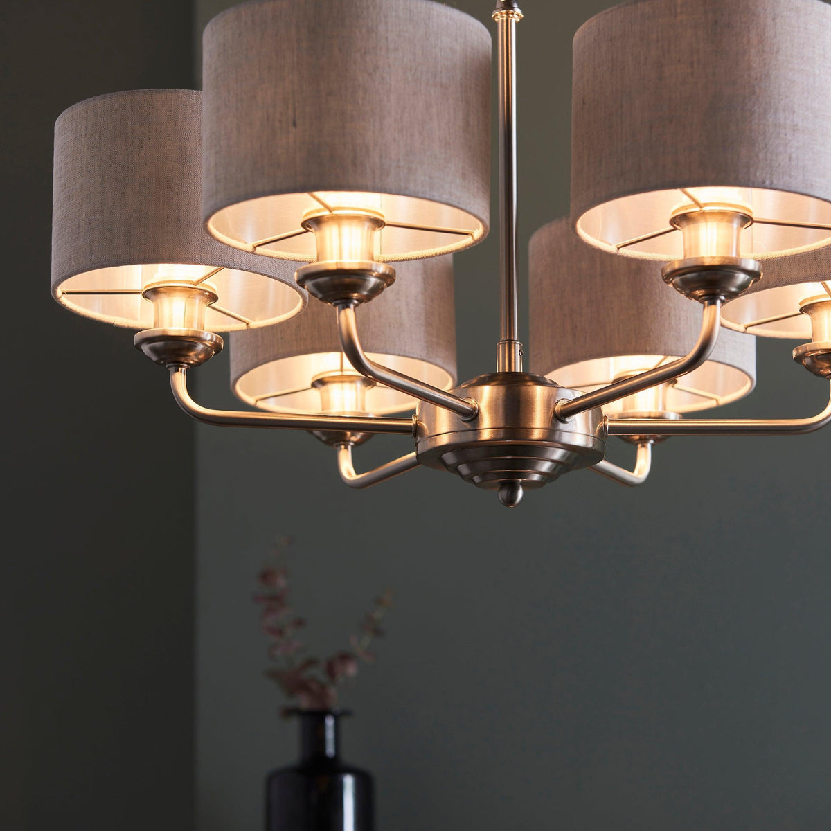 Endon Highclere Brushed Chrome 6 Arm Pendant - Natural Linen Shades-OB-180926