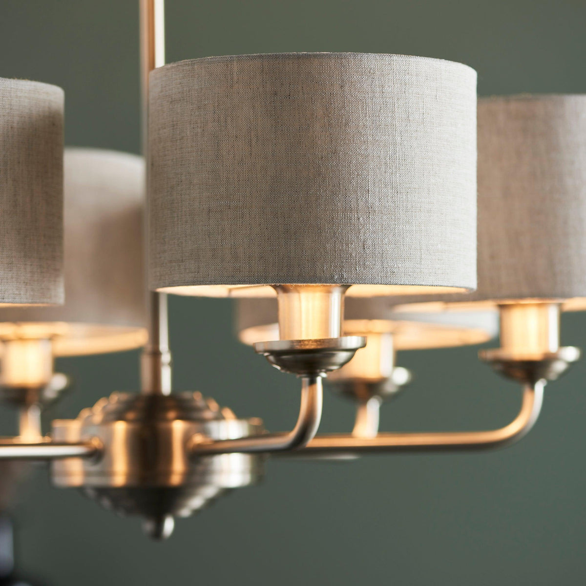 Endon Highclere Brushed Chrome 6 Arm Pendant - Natural Linen Shades-OB-180926