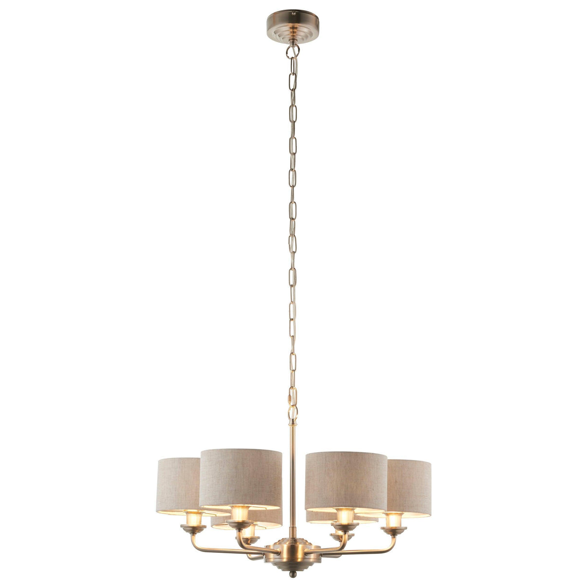 Endon Highclere Brushed Chrome 6 Arm Pendant - Natural Linen Shades-OB-180926