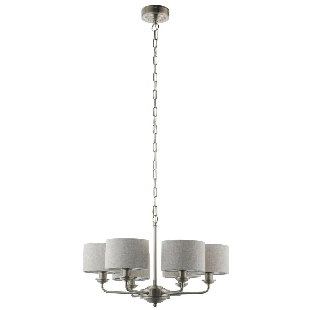 Endon Highclere Brushed Chrome 6 Arm Pendant - Natural Linen Shades-OB-180926