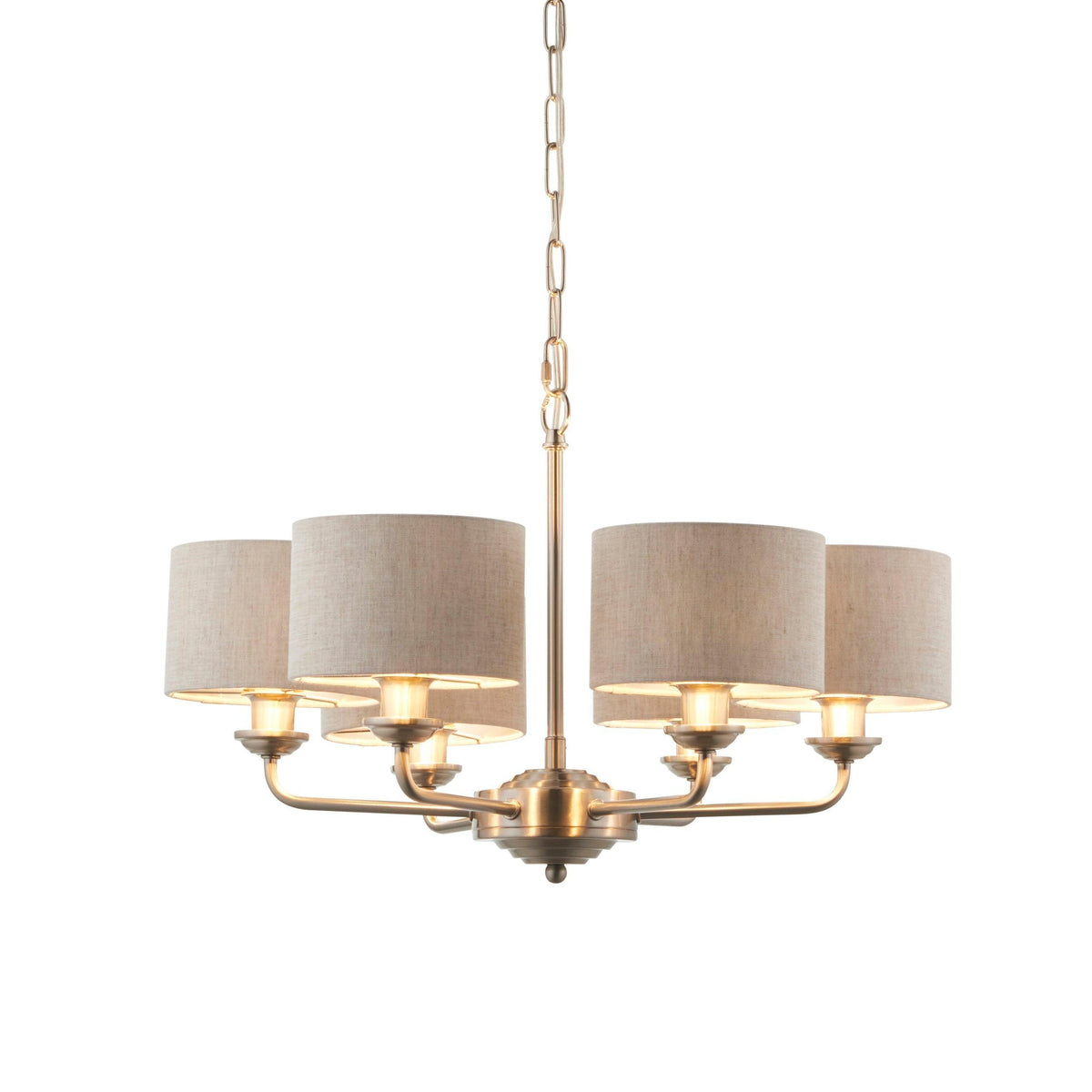Endon Highclere Brushed Chrome 6 Arm Pendant - Natural Linen Shades-OB-180926