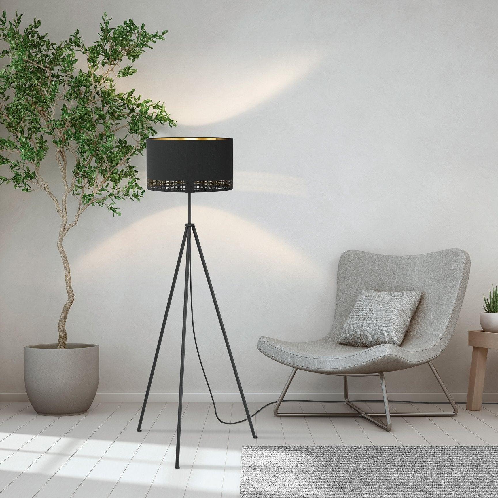 eglo esteperra black tripod floor lamp with black gold shade