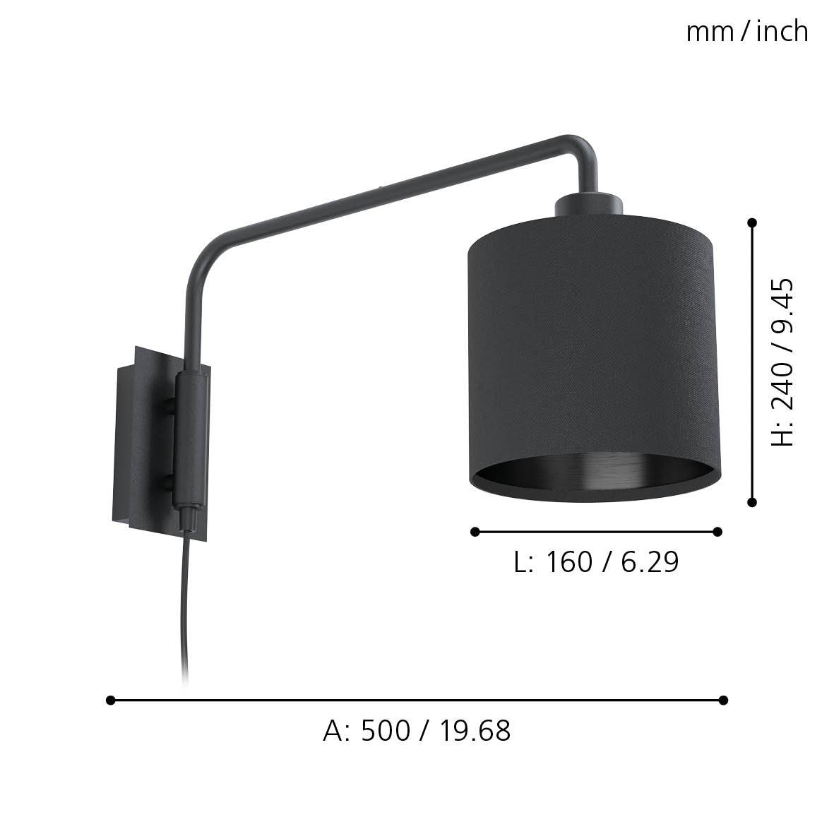 eglo staiti 1 black wall light black shade living room close up
